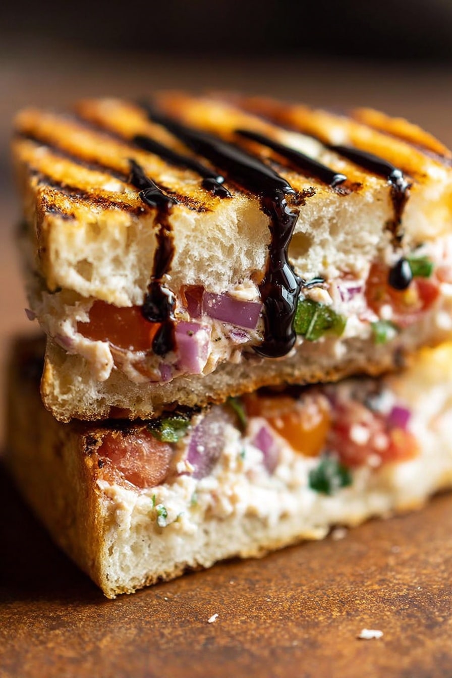 A close-up view of a small sandwich with three layers of bread and filling. The top and bottom layers are toasted bread with grill marks, showing a light golden-brown color and a soft, porous texture. Between the bread layers, the filling includes a mix of diced red onions, chopped tomatoes, and fresh green herbs, all mixed with a creamy white spread. On top of the sandwich, a thick dark balsamic sauce is drizzled in two lines. The sandwich is placed on a rustic brown surface. photo taken with an iphone --ar 2:3 --v 7 - Bruschetta Grilled Cheese Sandwiches, easy bruschetta grilled cheese, tomato basil grilled cheese, quick gourmet grilled cheese, appetizer grilled cheese recipes