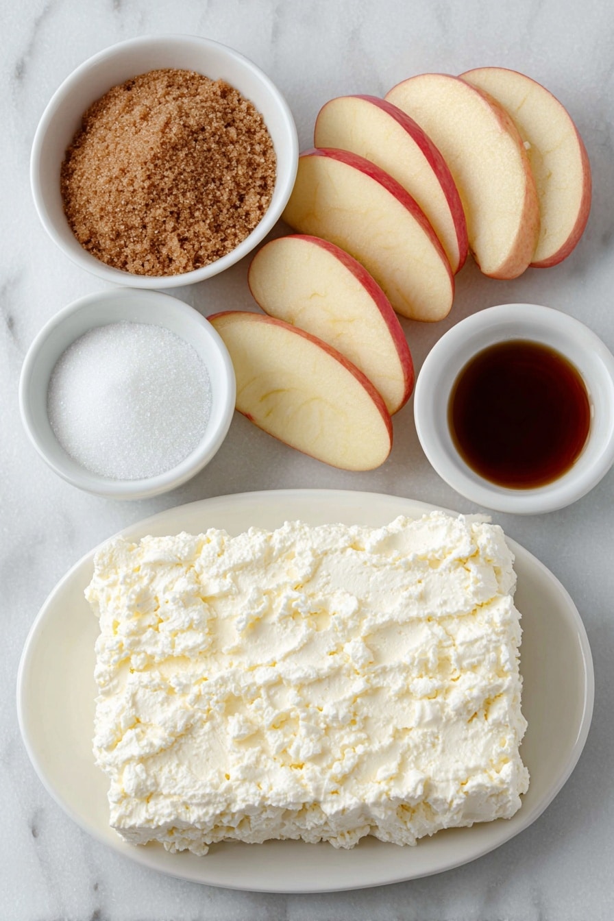 Flat lay of a block of softened cream cheese on a simple white ceramic plate, a small white bowl filled with packed brown sugar, another small white bowl containing granulated white sugar, a small white bowl with clear vanilla extract, and several fresh, crisp apple slices arranged neatly on a simple white ceramic dish, all ingredients fresh and natural, perfect symmetry, balanced layout placed on a clean white marble surface, soft natural light, photo taken with an iPhone, professional food photography style, fresh ingredients, white ceramic bowls, no bottles, no duplicates, no utensils, no packaging --ar 2:3 --v 7 --p m7354615311229779997 - Caramel Apple Dip, easy caramel apple dip, best caramel apple dip recipe, quick apple dip, creamy caramel apple dip