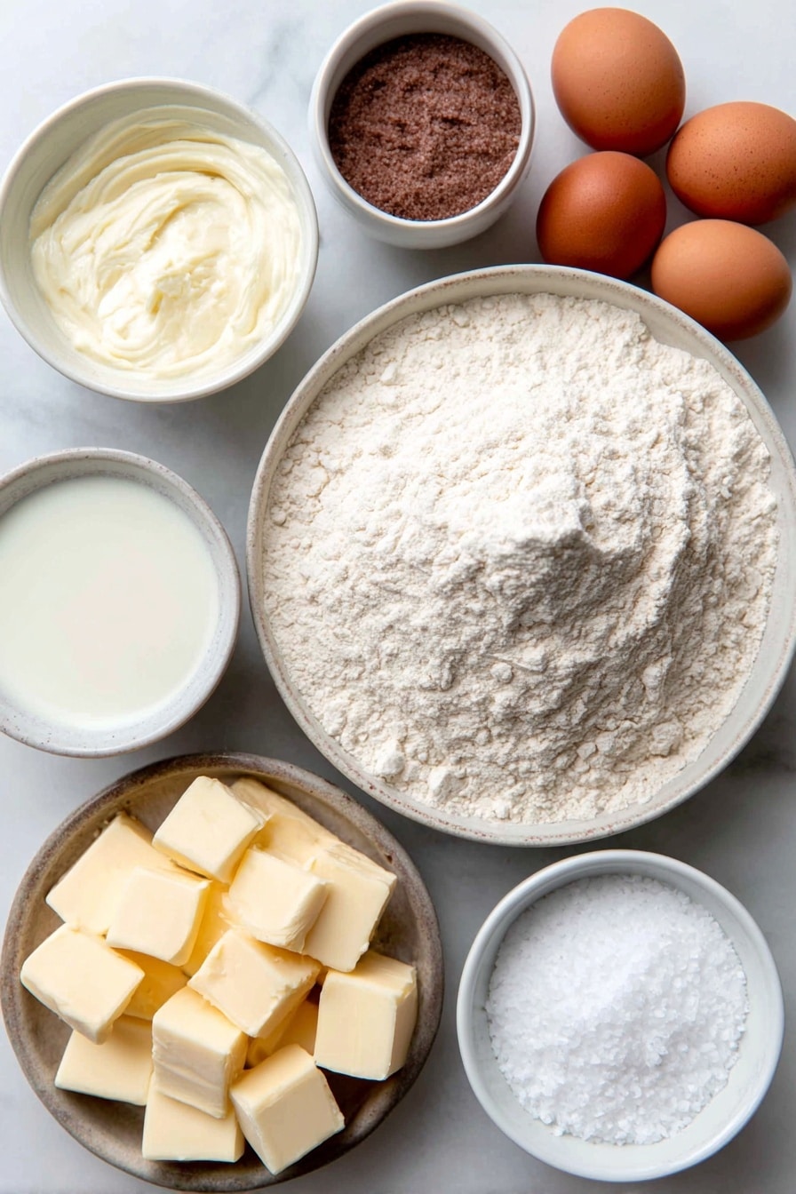 Flat lay of a small mound of fine white all-purpose flour, a small white bowl filled with warm water, a small white bowl containing light brown sugar crystals, two whole brown eggs with clean shells, a small white bowl of melted salted butter, a small white bowl of whole milk, a few grains of fine sea salt scattered neatly, several ½-inch cubes of vibrant orange sharp cheddar cheese, a small white bowl holding coarse sea salt crystals, a small white bowl filled with white baking soda powder, all arranged in perfect symmetry on a clean white ceramic surface, placed on a clean white marble surface, soft natural light, photo taken with an iPhone, professional food photography style, fresh ingredients, white ceramic bowls, no bottles, no duplicates, no utensils, no packaging --ar 2:3 --v 7 --p m7354615311229779997 - Cheddar Cheese Pretzel Bites, cheesy pretzel snacks, homemade pretzel bites, soft chewy pretzels with cheese, easy cheesy pretzel recipe