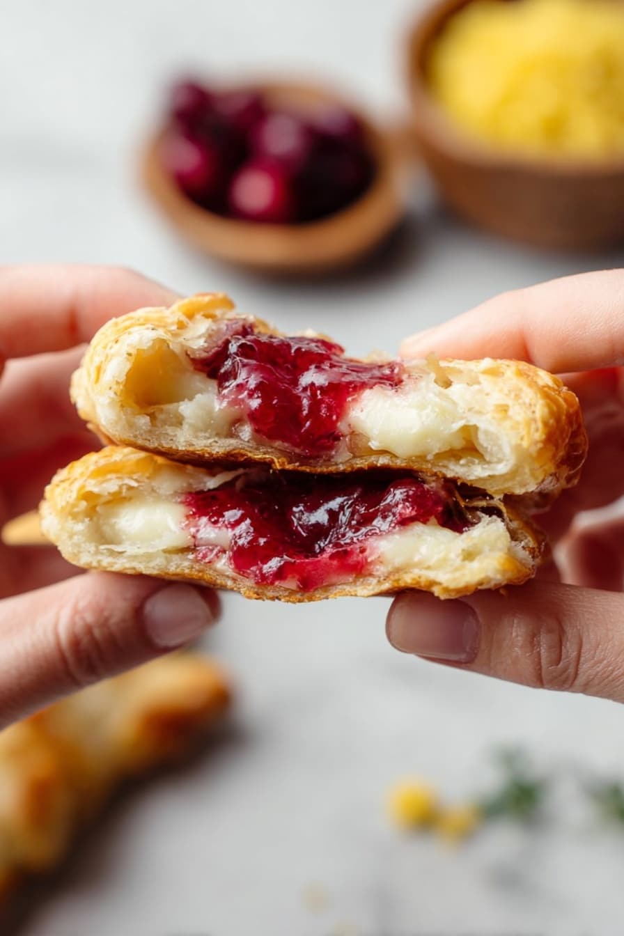 A close-up of a torn pastry held by two woman's hands, showing layers inside with a flaky, light golden crust on the outside, a middle layer of melted white cheese or cream, and a bright red, slightly shiny fruit filling that looks like jam. In the blurred background, there are two small wooden bowls on a white marbled surface, one with dark red berries and the other with a yellow crumbly topping. photo taken with an iphone --ar 2:3 --v 7 - Cranberry Brie Puff Pastry Bites, holiday appetizer recipes, easy party finger foods, festive Brie bites, cranberry appetizer ideas