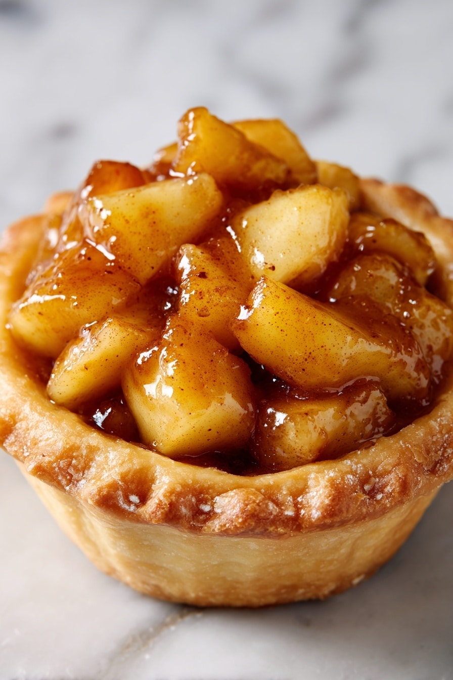 The image shows a close-up of a small pastry with a flaky golden brown crust surrounding a filling of chunky cooked apples. The apples are soft with a warm yellow color, coated in a shiny brown cinnamon-spiced glaze that makes them look juicy and sticky. The filling is packed tightly inside the pastry shell, which has visible layers of crisp dough at the edges. The background is a white marbled texture. Photo taken with an iphone --ar 2:3 --v 7 - Mini Apple Tarts with Flaky Pie Dough, apple tart recipe, bite-sized apple desserts, easy apple tart recipe, homemade mini apple tarts