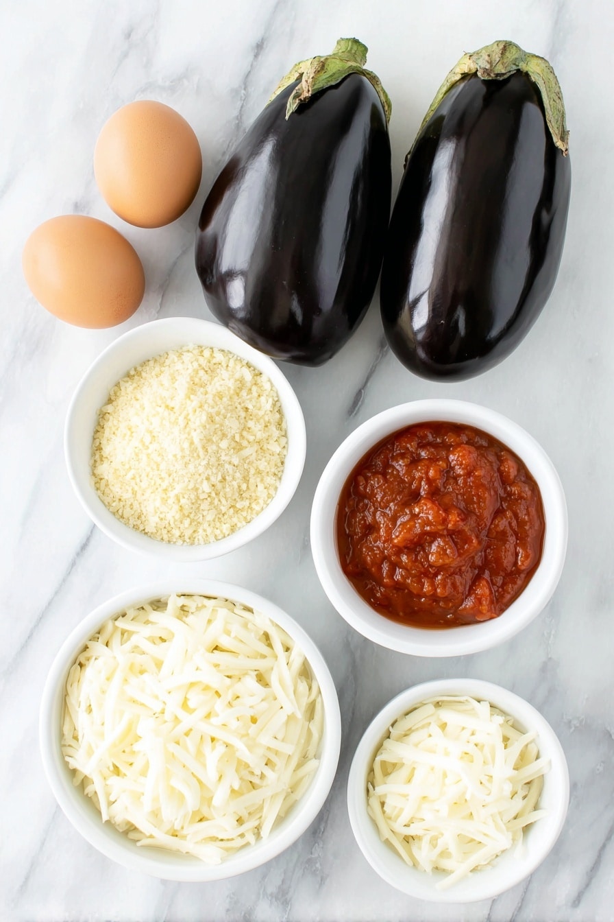 Flat lay of two medium-sized fresh eggplants sliced into thick rounds, two whole brown eggs with clean shells, a small white ceramic bowl filled with golden panko breadcrumbs, a small white ceramic bowl of finely grated parmesan cheese, a small white ceramic bowl with mixed Italian seasoning herbs, a small white ceramic bowl of bright red marinara sauce, a small white ceramic bowl heaped with shredded fresh mozzarella cheese, arranged symmetrically on a clean white marble surface, soft natural light, photo taken with an iPhone, professional food photography style, fresh ingredients, white ceramic bowls, no bottles, no duplicates, no utensils, no packaging --ar 2:3 --v 7 --p m7354615311229779997 - Crispy Eggplant Parmesan Bites, eggplant appetizer recipes, baked eggplant bites, cheesy eggplant snacks, healthy eggplant appetizers