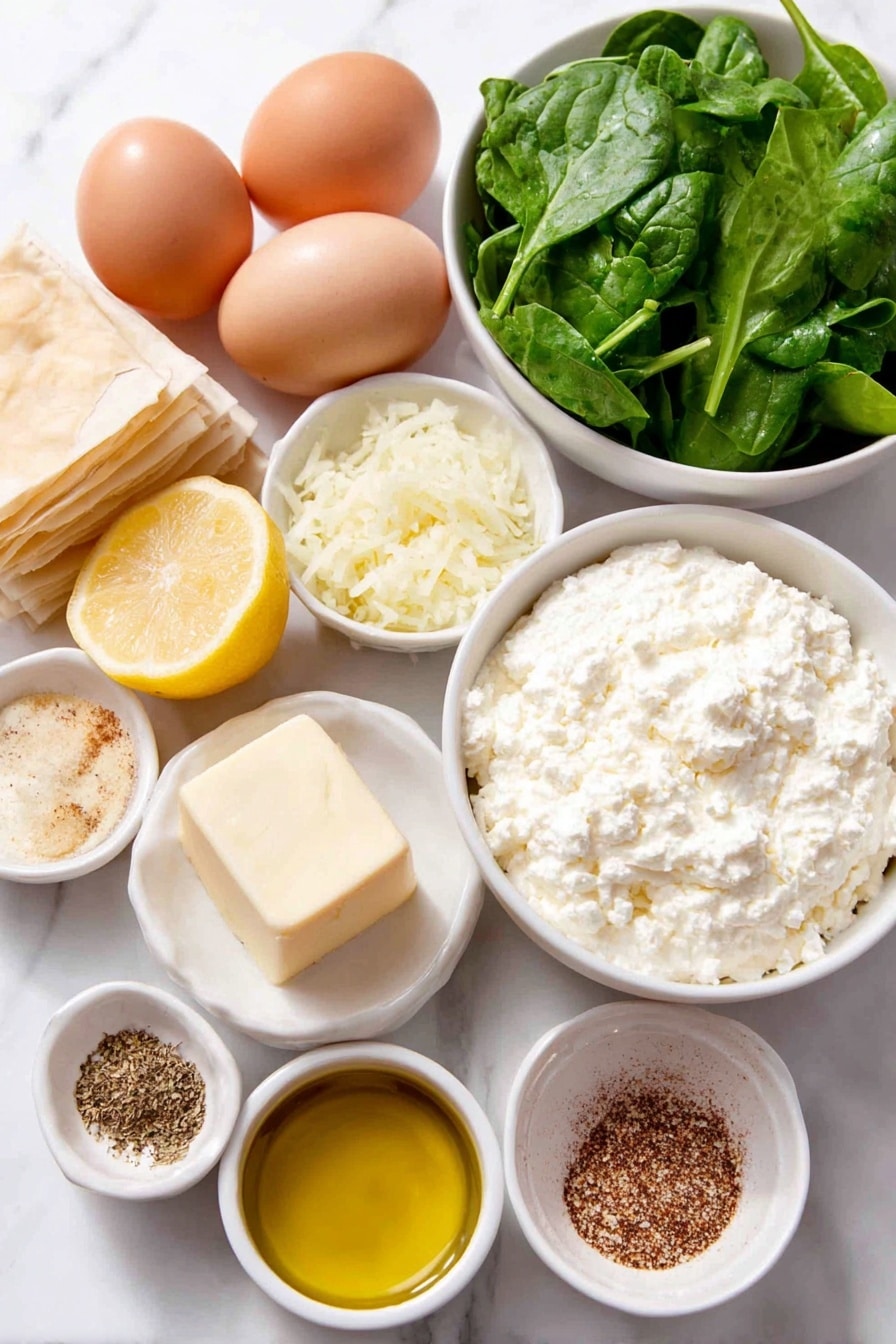 Flat lay of a small white ceramic bowl of bright green fresh spinach leaves, a small white bowl of creamy white ricotta cheese, two large whole brown eggs with clean shells, a small white bowl of finely chopped yellow onion, a small white bowl of minced garlic cloves, a small white bowl of golden olive oil, a small white bowl with finely grated pale yellow Parmesan cheese, a small white bowl containing melted butter with a glossy surface, one whole large bright yellow lemon alongside a small white bowl of fresh lemon juice, a small white bowl of fine ground nutmeg powder, a small white bowl with cayenne pepper, a few pinches of black pepper scattered beside a small white bowl of coarse kosher salt, and several thin, delicate sheets of phyllo dough neatly stacked, all arranged with perfect symmetry and balance on a clean white marble surface, soft natural light, photo taken with an iPhone, professional food photography style, fresh ingredients, white ceramic bowls, no bottles, no duplicates, no utensils, no packaging --ar 2:3 --v 7 --p m7354615311229779997 - Spinach Ricotta Rolls, vegetarian stuffed pastry, flaky phyllo appetizer, cheesy spinach rolls, easy Spinach Ricotta Rolls