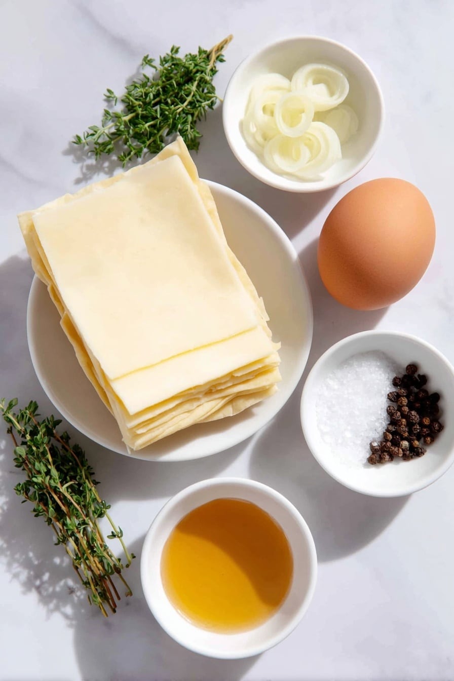Flat lay of a sheet of thawed puff pastry, a small pile of thinly sliced yellow onion rings, thin slices of pale yellow gruyere cheese stacked neatly, a few bright green fresh thyme sprigs, one whole brown egg with a clean shell, small white bowls containing golden honey, fine grains of salt, and freshly cracked black peppercorns, all arranged symmetrically on simple white ceramic bowls and dishes, placed on a clean white marble surface, soft natural light, photo taken with an iPhone, professional food photography style, fresh ingredients, white ceramic bowls, no bottles, no duplicates, no utensils, no packaging --ar 2:3 --v 7 --p m7354615311229779997 - Upside-Down Onion Gruyere Tarts, savory onion tart, easy onion tart recipe, caramelized onion tart, gourmet puff pastry appetizer