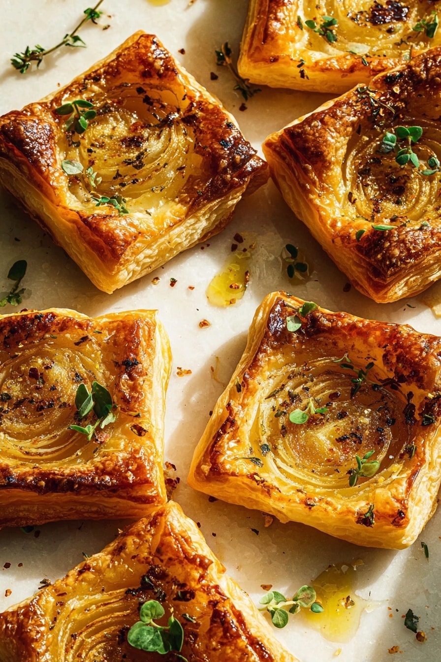 The image shows six square puff pastries, each with a golden brown, crispy, flaky crust. In the center of each pastry is a softened, slightly translucent onion slice with visible layers. The pastries are topped with small, fresh green herb leaves scattered evenly. Around the pastries, drops of golden oil and small spice flakes add shine and texture, resting on a white marbled texture. The lighting creates warm shadows and a cozy atmosphere. Photo taken with an iphone --ar 2:3 --v 7 - Upside-Down Onion Gruyere Tarts, savory onion tart, easy onion tart recipe, caramelized onion tart, gourmet puff pastry appetizer