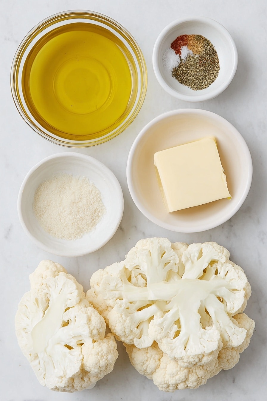 Flat lay of a medium cauliflower head broken into small florets and 1/2-inch thick steaks, a small white ceramic bowl of golden olive oil, a small white ceramic bowl with melted unsalted butter, a small white ceramic bowl with a mix of garlic powder, salt, ground paprika, and ground black pepper, all arranged in perfect symmetry, placed on a clean white marble surface, soft natural light, photo taken with an iPhone, professional food photography style, fresh ingredients, white ceramic bowls, no bottles, no duplicates, no utensils, no packaging --ar 2:3 --v 7 --p m7354615311229779997 - Easy Oven Roasted Cauliflower, roasted cauliflower side dish, crispy cauliflower recipe, simple vegetable recipes, healthy oven roasted cauliflower