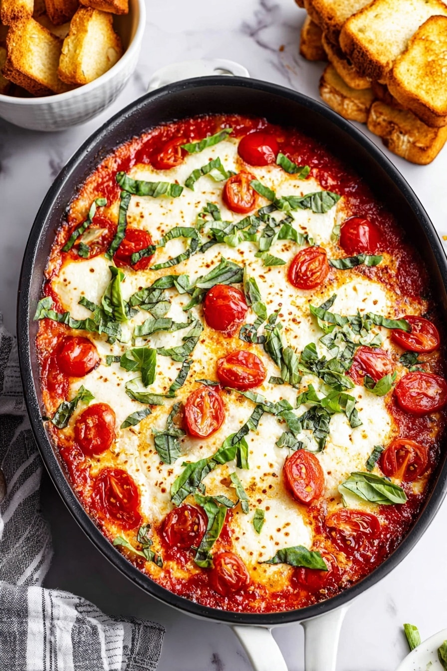 The dish is a baked casserole shown in a black oval pan. The bottom layer is a bright red tomato sauce with visible slices of red cherry tomatoes placed around the edges and scattered throughout. On top is a layer of melted white cheese, slightly browned in some spots for a toasted effect, covering most of the surface but letting the tomatoes peek through. Fresh chopped green basil leaves are sprinkled generously over the cheese, adding a fresh contrast of color. The pan is placed on a white marbled surface with a striped cloth and a stack of toasted bread squares in a white bowl nearby. photo taken with an iphone --ar 2:3 --v 7 - Baked Goat Cheese Dip with Tomatoes, creamy goat cheese dip, easy appetizer recipes, tomato cheese dip, party dip ideas