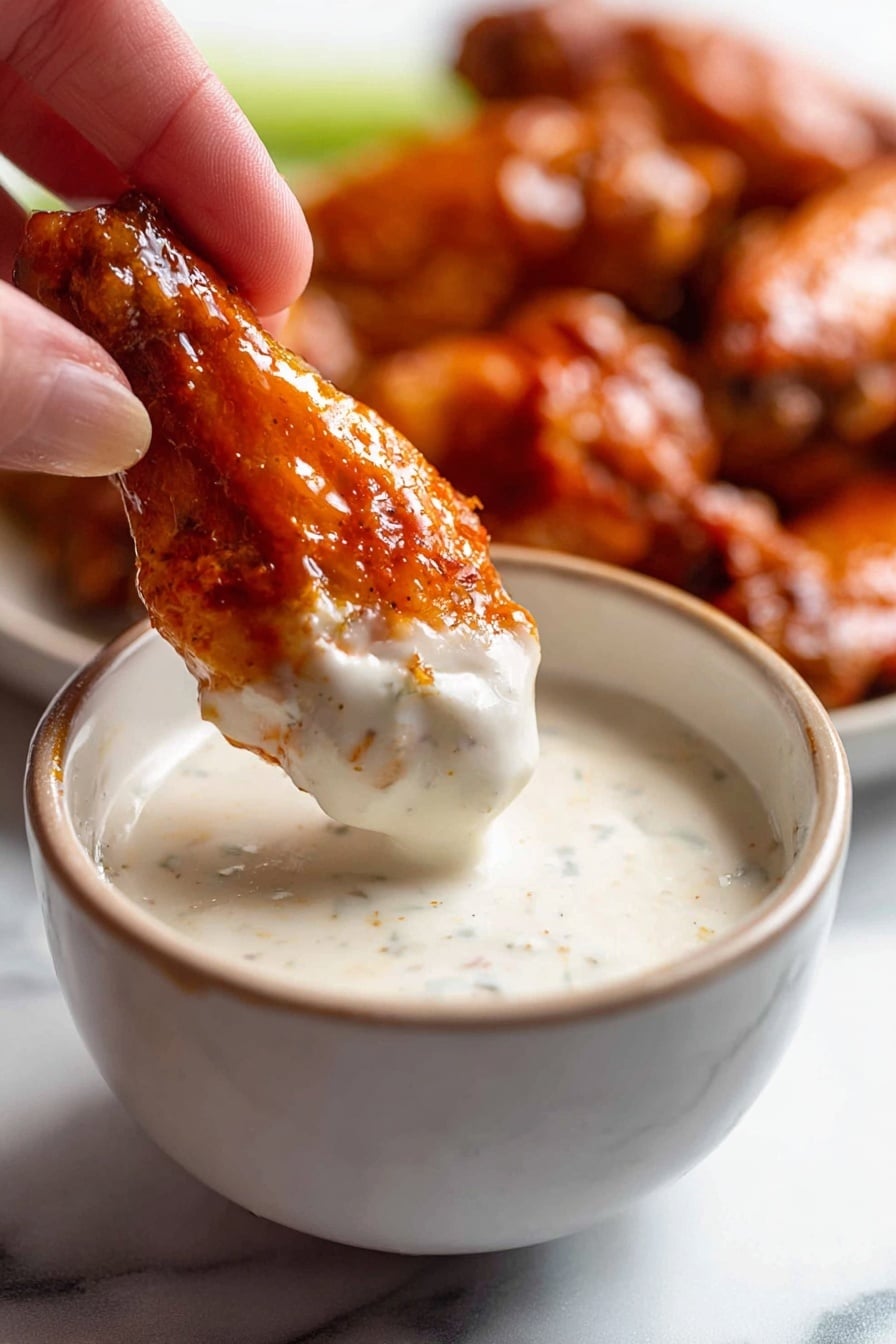 A close-up image showing a woman's hand holding a shiny reddish-brown chicken wing dipped halfway into a creamy white sauce with small lumps, in a white bowl with a smooth rim. The chicken wings in the blurred background have the same shiny reddish-brown color. The surface beneath the bowl and wings is a white marbled texture. The photo taken with an iphone --ar 2:3 --v 7 - Crispy Oven-Baked Buffalo Wings, oven baked buffalo wings, crispy buffalo chicken wings, spicy baked wings, homemade buffalo wings