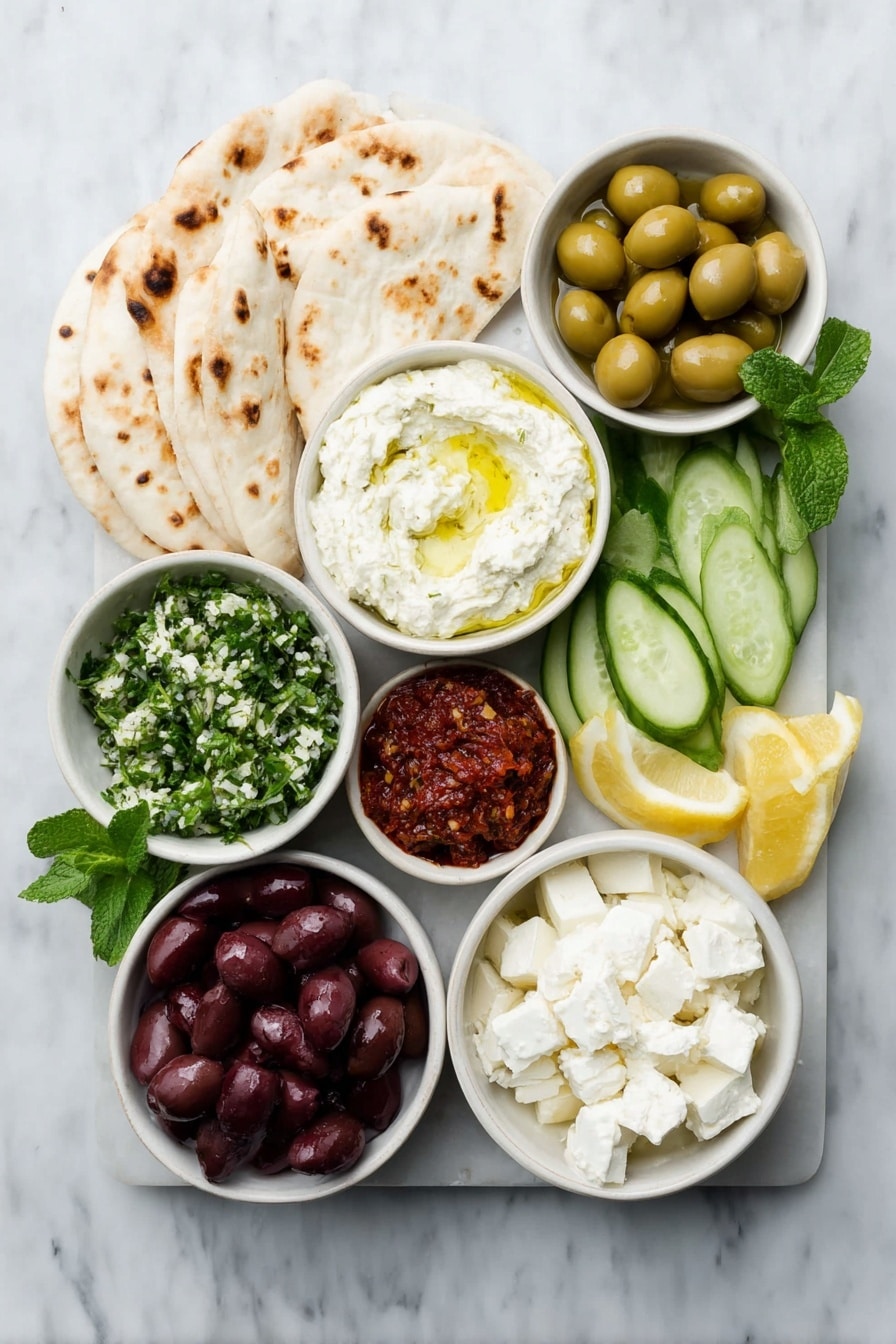 Flat lay of whipped feta in a small white bowl, muhammara in a small white bowl, tabbouleh in a small white bowl, wedges of pita bread stacked neatly, a cluster of shiny cherry tomatoes on the vine, thinly sliced Persian cucumbers arranged in a fan, halved or quartered radishes showing bright white and red interiors, halved artichoke hearts with tender leaves, a small white bowl filled with green olives, another small white bowl with kalamata olives, small cubes of white feta cheese arranged neatly, lemon wedges with vibrant yellow rinds, sprigs of fresh mint and fresh parsley placed delicately, all ingredients displayed with perfect symmetry and realistic proportions, placed on a clean white marble surface, soft natural light, photo taken with an iPhone, professional food photography style, fresh ingredients, white ceramic bowls, no bottles, no duplicates, no utensils, no packaging --ar 2:3 --v 7 --p m7354615311229779997 - Mediterranean Mezze Platter, Mediterranean Mezze Platter Recipe, Mediterranean Appetizer, Mediterranean Food Platter, Middle Eastern Mezze Platter