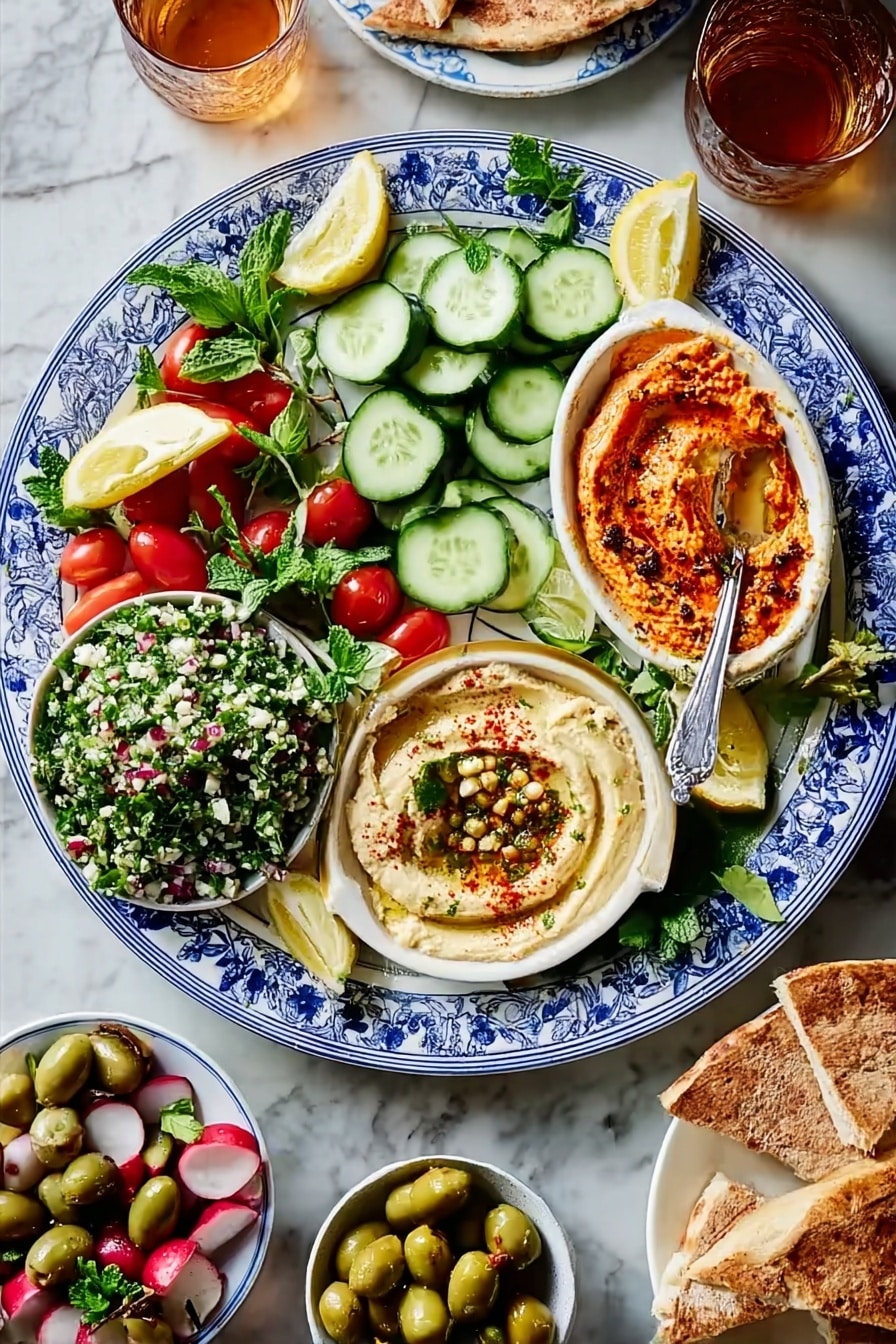 A large round white plate with a blue floral pattern holds an assortment of fresh and colorful Middle Eastern foods arranged neatly. At the top center, there are thick slices of bright green cucumbers and small bright red cherry tomatoes, with wedges of pale yellow lemon and artichoke hearts placed nearby. On the left side of the plate, a white bowl contains a green tabbouleh salad mixed with chopped red tomatoes, white grains, and green herbs, with a silver spoon resting inside. Next to it, a larger white bowl has a creamy light beige hummus spread cured with olive oil and sprinkled with red spices and green herbs. On the right side of the main plate, an oval white bowl holds a reddish-orange dip, garnished with chopped nuts and green leaves. Around the plate are scattered fresh parsley sprigs and radish halves. Below the main plate, a smaller white bowl filled with green and purple olives sits on the white marbled surface. To the right, torn pieces of golden brown pita bread rest on a white plate. The whole scene is set on a white marbled surface with two glasses of tea visible. photo taken with an iphone --ar 2:3 --v 7 - Mediterranean Mezze Platter, Mediterranean Mezze Platter Recipe, Mediterranean Appetizer, Mediterranean Food Platter, Middle Eastern Mezze Platter
