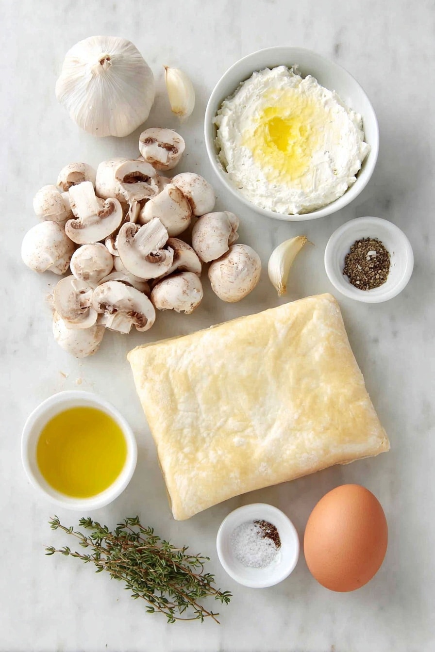 Flat lay of a rectangular sheet of puff pastry dough with clean straight edges, a small log of creamy white goat cheese, a small white ceramic bowl of golden olive oil, a peeled clove of garlic, a few sprigs of fresh thyme, a small white ceramic bowl with a pat of soft yellow butter, a generous pile of sliced white button mushrooms, a neatly sliced shallot, a small white ceramic bowl with coarse salt, a small white ceramic bowl with ground black pepper, one whole uncracked brown egg placed beside a small white ceramic bowl containing a lightly beaten egg wash, all arranged in perfect symmetry on a clean white marble surface, soft natural light, photo taken with an iPhone, professional food photography style, fresh ingredients, white ceramic bowls, no bottles, no duplicates, no utensils, no packaging --ar 2:3 --v 7 --p m7354615311229779997 - Mushroom and Goat Cheese Puff Pastry Tart, mushroom goat cheese tart, easy mushroom tart, puff pastry tart recipes, vegetarian appetizer recipes