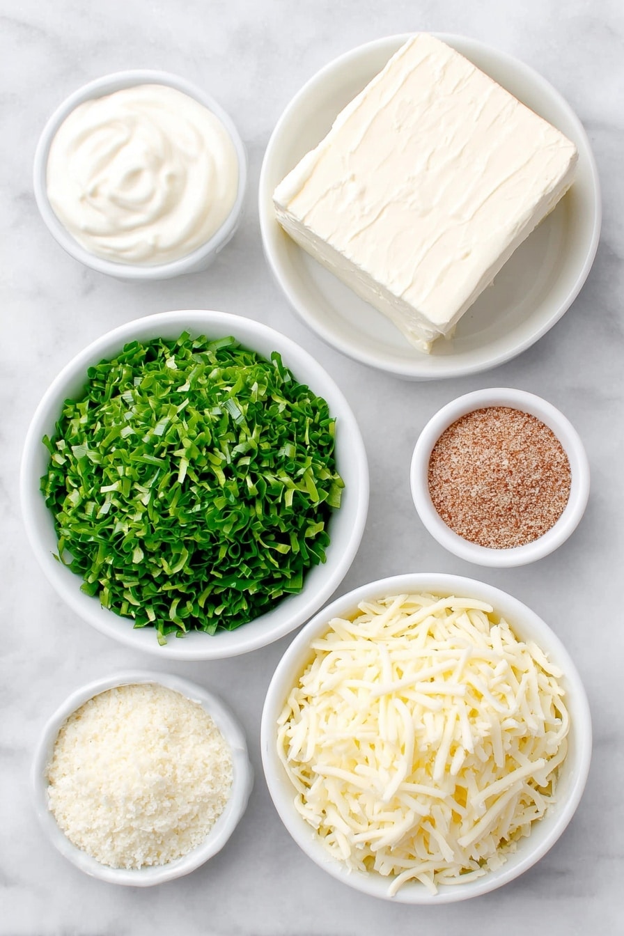 Flat lay of a small block of soft cream cheese, a small white ceramic bowl filled with sour cream, a small mound of fresh bright green chopped spinach leaves, a small white ceramic bowl containing dry vegetable soup mix powder, a small pile of shredded mozzarella cheese, a small white ceramic bowl with grated parmesan cheese, all arranged with perfect symmetry on a clean white marble surface, soft natural light, photo taken with an iPhone, professional food photography style, fresh ingredients, white ceramic bowls, no bottles, no duplicates, no utensils, no packaging --ar 2:3 --v 7 --p m7354615311229779997 - Easy Baked Spinach Dip, spinach dip appetizer, cheesy spinach dip, quick spinach dip recipe, baked spinach dip for parties