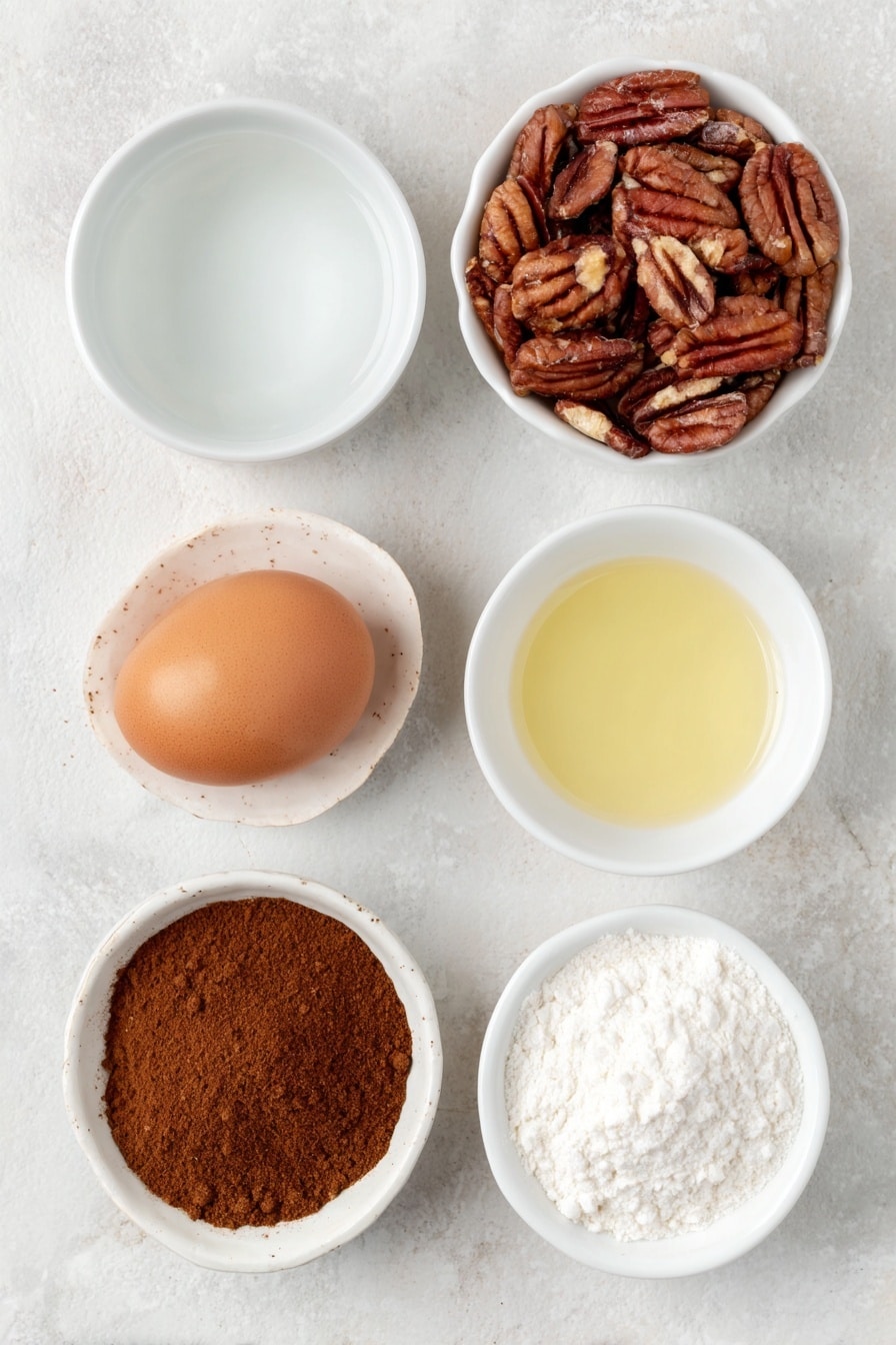 Flat lay of a small pile of fresh pecan halves, one large whole uncracked brown egg, a small white ceramic bowl of clear water, a small white ceramic bowl of granulated white sugar, a small white ceramic bowl of warm brown ground cinnamon, a small white ceramic bowl of fine white salt, and a small white ceramic bowl of pale vanilla extract placed on a clean white marble surface, soft natural light, photo taken with an iPhone, professional food photography style, fresh ingredients, white ceramic bowls, no bottles, no duplicates, no utensils, no packaging --ar 2:3 --v 7 --p m7354615311229779997 - Cinnamon Sugar Candied Pecans, candied pecans, sweet pecan snacks, crunchy pecan treats, homemade candied nuts