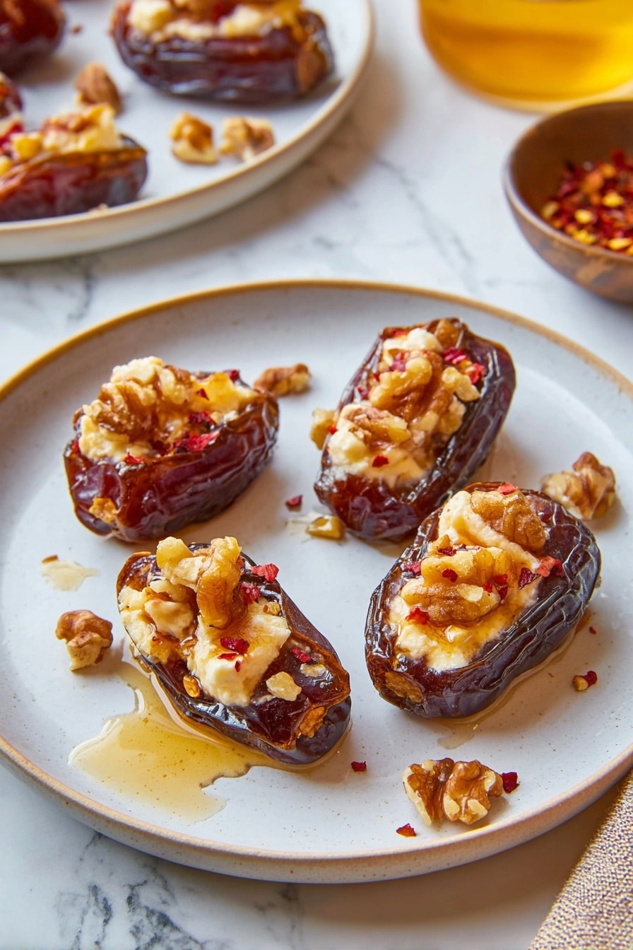 A white plate holds four stuffed dates arranged loosely in the center, each date a dark brown color with a wrinkled texture. Each date is filled with a creamy white cheese layer inside, topped with chunky pieces of light brown walnuts and small red pepper flakes. There are drizzles of golden honey around the dates and small walnut pieces scattered on the plate. In the background, there is a glimpse of another white plate with more stuffed dates and a small bowl with crushed red pepper flakes, all on a white marbled surface. photo taken with an iphone --ar 2:3 --v 7 - Stuffed Medjool Dates with Goat Cheese and Walnuts, Medjool date appetizer with goat cheese and walnuts, easy stuffed date recipes, elegant party appetizers, healthy finger foods