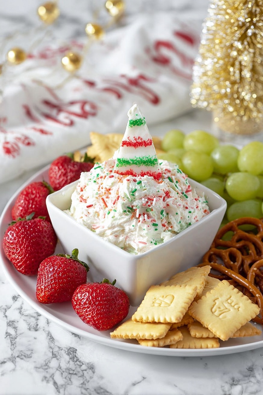 A white round plate holds a white square bowl filled with a thick white whipped dip sprinkled with red and green sugar. On top of the dip is a white candy shaped like a cone with red stripes and green sprinkles. Around the bowl are three groups of snacks: light-green grapes on the right, fresh red strawberries with green tops on the left, and light beige rectangular crackers with festive shapes and slightly toasted edges in the front. A few pretzels peek out behind the grapes. Everything is placed on a white marbled surface. photo taken with an iphone --ar 2:3 --v 7 - Christmas Tree Snack Cake Dip, holiday dessert dip, festive snack recipes, easy Christmas treats, holiday party dip