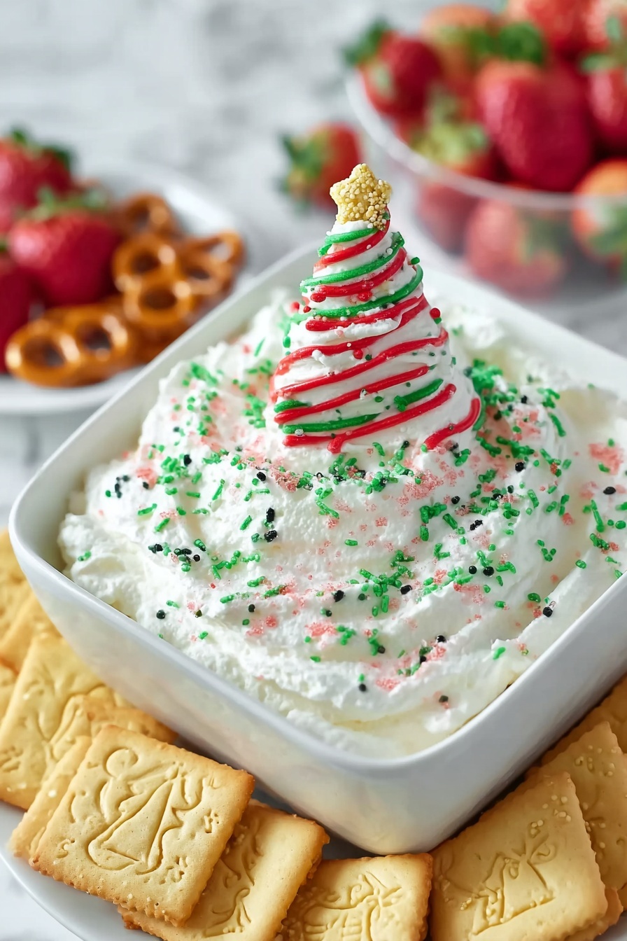 A white square bowl filled with one thick layer of fluffy white whipped cream sprinkled with green and red sugar sprinkles all over. In the center, a triangular piece of white cream frosting shaped like a Christmas tree stands upright, decorated with red stripes and more green and black sprinkles. Around the bowl, there is a layer of light golden square cookies with embossed Christmas designs like a bell, a floral shape, and a candy cane. In the background, some fresh strawberries and pretzels are slightly blurred, all placed on a white marbled surface. Photo taken with an iphone --ar 2:3 --v 7 - Christmas Tree Snack Cake Dip, holiday dessert dip, festive snack recipes, easy Christmas treats, holiday party dip