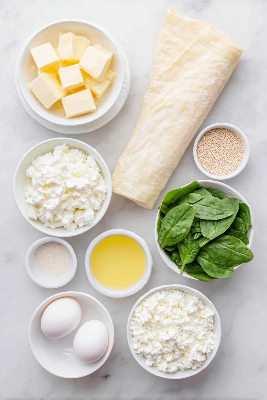 Flat lay of a small white ceramic bowl of salted butter chunks, a few large diced onions, a handful of fresh vibrant spinach leaves, a clean roll of phyllo dough with visible thin sheets, a small white bowl filled with crumbled feta cheese, another small white bowl with smooth ricotta cheese, one whole uncracked egg with a clean shell, a small white bowl holding freshly squeezed lemon juice, a few sprigs of freshly chopped dill, a small white bowl containing garlic powder, a small white bowl of salt, and a small white bowl with sesame seeds. All ingredients arranged with perfect symmetry on a clean white marble surface, soft natural light, photo taken with an iPhone, professional food photography style, fresh ingredients, white ceramic bowls, no bottles, no duplicates, no utensils, no packaging --ar 2:3 --v 7 --p m7354615311229779997 - Easy Spinach Spanakopita Triangles, Greek savory snacks, flaky phyllo pastry recipes, spinach and cheese appetizers, bite-sized Greek treats