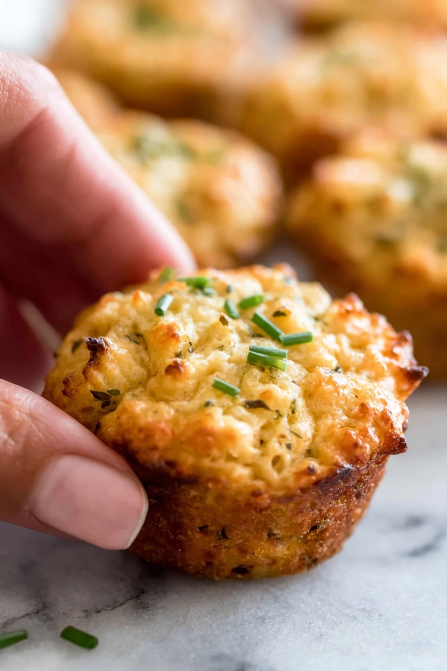 A close-up of a small, round, golden-brown muffin with a textured surface showing bits of herbs and cheese, topped with green chive pieces. The muffin is slightly crispy on the edges and has a soft, moist interior visible from its uneven top. A woman's hand is gently holding the muffin from the side. Several similar muffins are blurred in the background on a white marbled surface. photo taken with an iphone --ar 2:3 --v 7 - Mini Crab Cake Bites, Crab Cake Bites, Mini Crab Cakes Appetizer, Seafood Party Bites, Easy Crab Cake Recipes