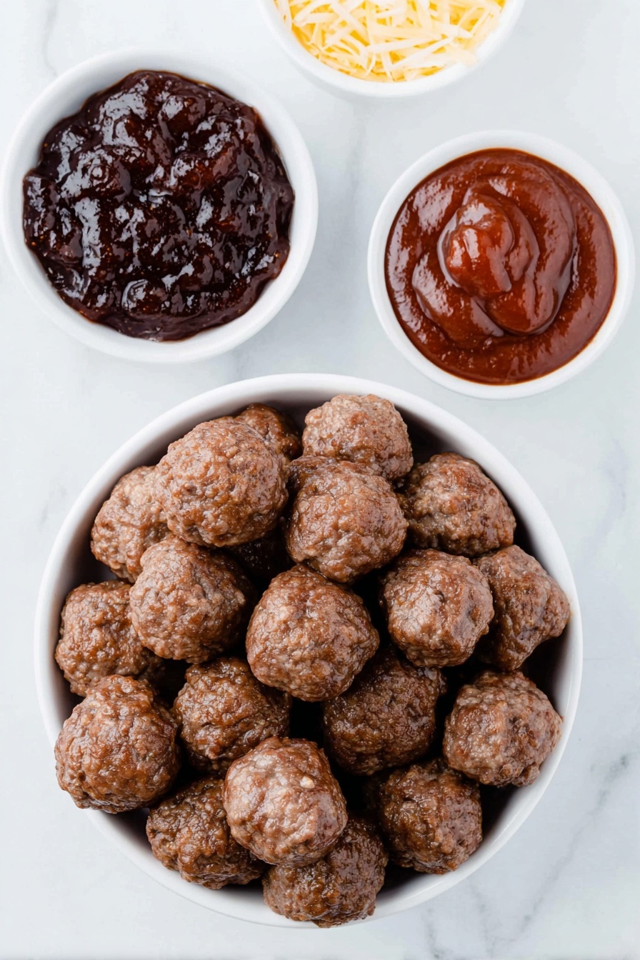 Flat lay of a small white ceramic bowl filled with deep purple grape jelly, a small white ceramic bowl containing thick reddish-brown BBQ sauce, a neat pile of frozen fully cooked meatballs with a natural browned exterior arranged directly on the surface, all ingredients placed in perfect symmetry on a clean white marble surface, soft natural light, photo taken with an iPhone, professional food photography style, fresh ingredients, white ceramic bowls, no bottles, no duplicates, no utensils, no packaging --ar 2:3 --v 7 --p m7354615311229779997 - Crockpot BBQ Meatballs, easy BBQ meatballs, slow cooker meatballs, sweet grape jelly meatballs, party appetizer recipes