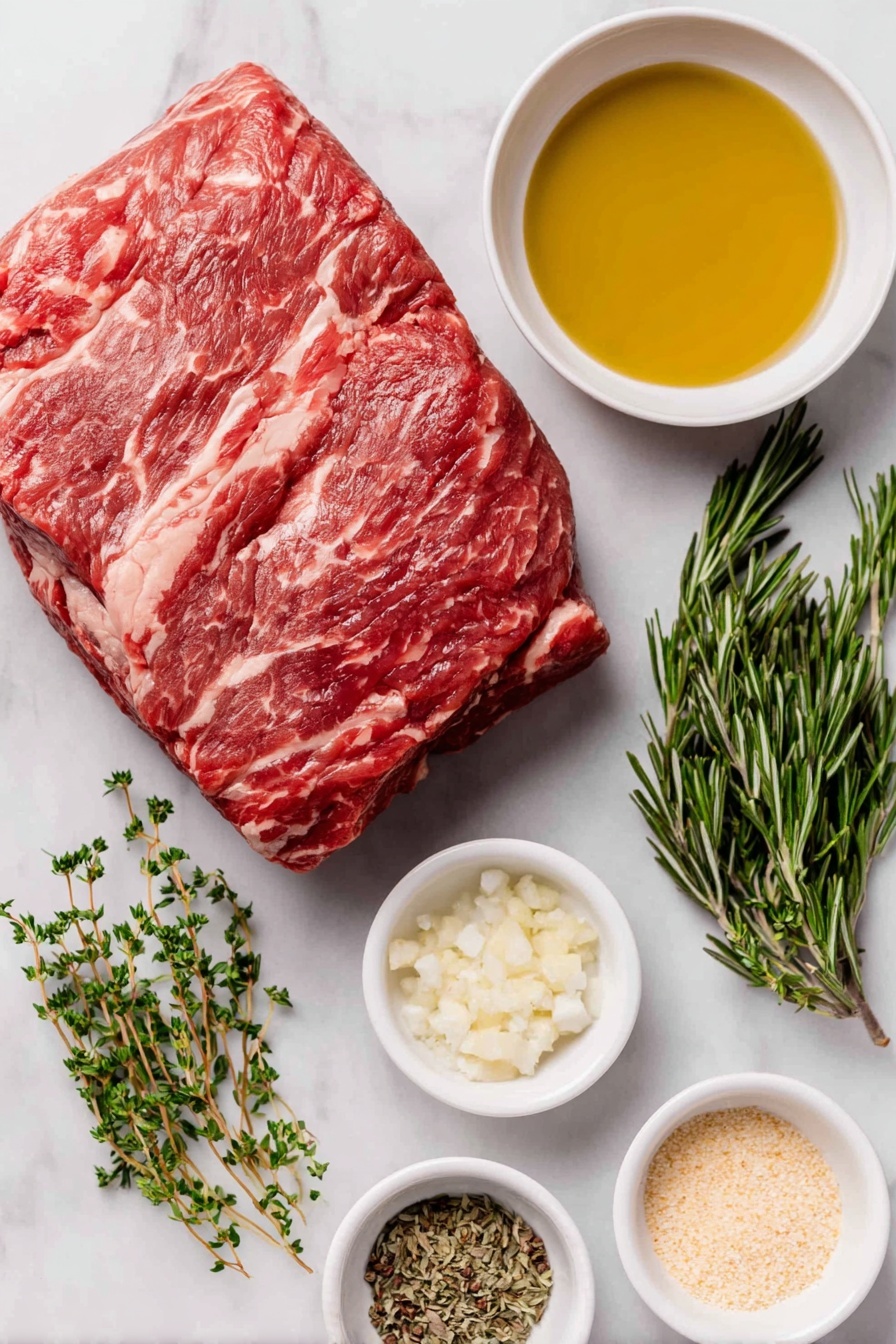 Flat lay of a raw 3 to 4 pound top round beef roast with a rich red color and marbled fat, a small white ceramic bowl filled with golden extra virgin olive oil, a small cluster of fresh thyme sprigs with green leaves, a few fresh rosemary sprigs with needle-like foliage, a small white bowl containing minced fresh garlic cloves, a small white bowl holding coarse kosher salt crystals, a small white bowl filled with cracked black peppercorns, a small white bowl with dried oregano leaves, a small white bowl with pale yellow dry mustard powder, all arranged symmetrically and balanced on a clean white marble surface, soft natural light, photo taken with an iPhone, professional food photography style, fresh ingredients, white ceramic bowls, no bottles, no duplicates, no utensils, no packaging --ar 2:3 --v 7 --p m7354615311229779997 - Beef Top Round Roast, top round beef roast recipe, tender beef roast, easy beef roast, budget-friendly beef dinner