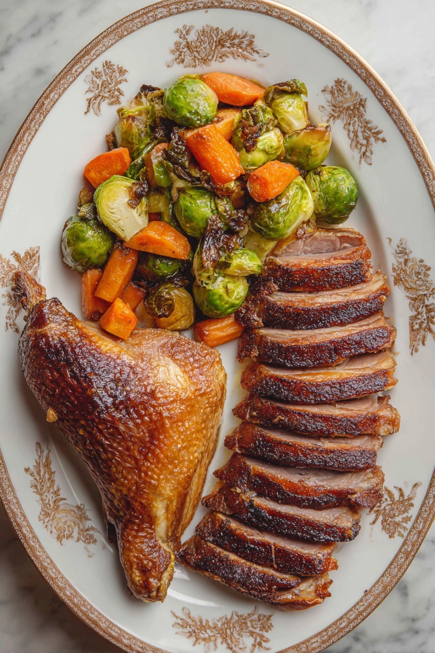 A white oval plate with gold floral patterns holds a roasted meal arranged in three sections: on the left side, there is a mix of bright green Brussels sprouts with charred, dark brown edges and orange carrot chunks that are slightly browned on a side; on the right side, there are six slices of dark brown roasted meat with a crispy, textured skin, laid out in a neat row; on the bottom left, there is a large roasted drumstick and thigh piece with a golden brown, crispy skin. The plate is placed on a white marbled surface. photo taken with an iphone --ar 2:3 --v 7 - Classic Roast Goose with Gravy, roast goose recipe, holiday goose dinner, crispy skin goose, homemade gravy for roast goose