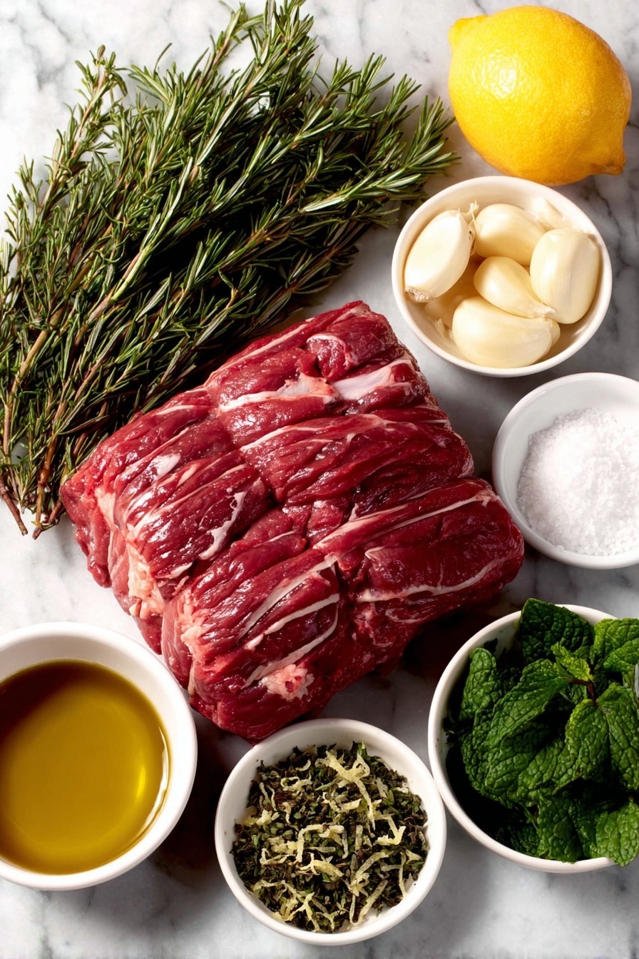 Flat lay of a raw leg of lamb with a smooth, deep red color and visible fat layer, three peeled and crushed garlic cloves, a small bunch of fresh rosemary with bright green leaves, a whole lemon with vibrant yellow skin next to a small pile of lemon zest, a small white ceramic bowl filled with golden olive oil, a handful of fresh mint leaves vivid green and lush, a tiny white bowl containing honey with a rich amber hue, a small white bowl of coarse salt crystals, a small white bowl with clear hot water, and a small white bowl holding pale white wine vinegar placed on a clean white marble surface, soft natural light, photo taken with an iPhone, professional food photography style, fresh ingredients, white ceramic bowls, no bottles, no duplicates, no utensils, no packaging --ar 2:3 --v 7 --p m7354615311229779997 - Roast Leg of Lamb with Mint Sauce, Roast Leg of Lamb recipe, Lamb roast with mint sauce, Sunday roast lamb, Easy lamb roast ideas