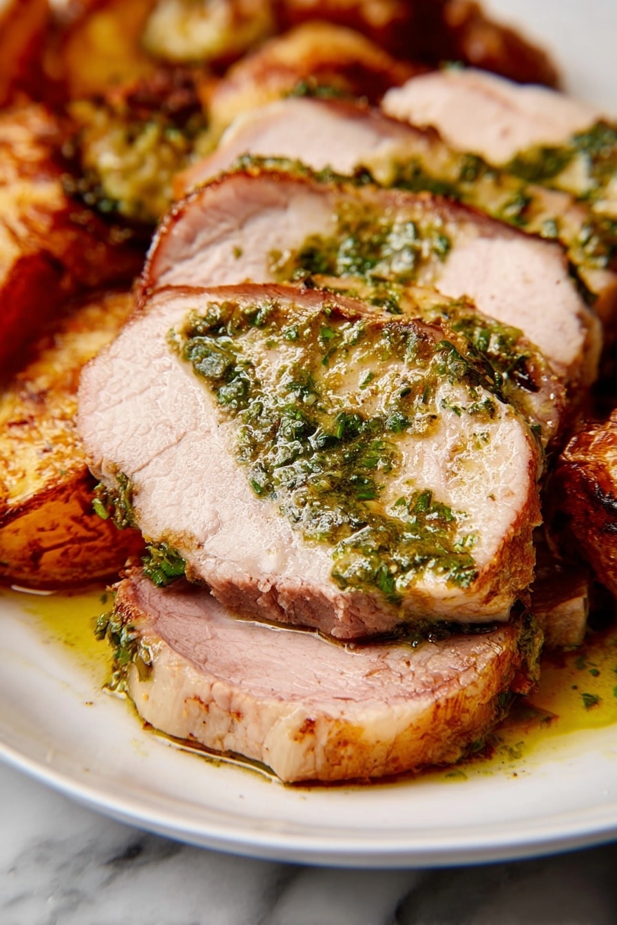 The image shows several thick slices of cooked meat with a light pink center and a light brown outer edge, arranged overlapping on a white plate. The top slice is covered with a glossy green herb sauce that has a slightly oily texture. Underneath and around the meat are golden-brown roasted pieces with a slightly crispy texture. The entire dish sits on a white marbled surface. photo taken with an iphone --ar 2:3 --v 7 - Roast Leg of Lamb with Mint Sauce, Roast Leg of Lamb recipe, Lamb roast with mint sauce, Sunday roast lamb, Easy lamb roast ideas