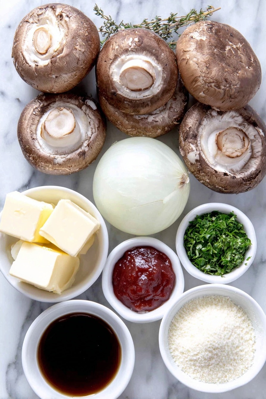 Flat lay of fresh sliced brown mushrooms, a large peeled onion thinly sliced, a small white bowl of creamy double cream, a small white bowl of rich beef stock, two cubes of butter with smooth surfaces, a small white bowl of bright red tomato puree, a small white bowl of dark balsamic vinegar, a small white bowl of finely chopped fresh parsley, a small white bowl holding pale yellow cornflour powder next to a small white bowl of clear water, a small white bowl of dried thyme, coarse sea salt crystals and freshly ground black peppercorns scattered neatly, all arranged with perfect symmetry on a clean white marble surface, soft natural light, photo taken with an iPhone, professional food photography style, fresh ingredients, white ceramic bowls, no bottles, no duplicates, no utensils, no packaging --ar 2:3 --v 7 --p m7354615311229779997 - Creamy Mushroom Hunters Sauce, mushroom sauce, creamy mushroom sauce, mushroom recipes, easy mushroom sauce