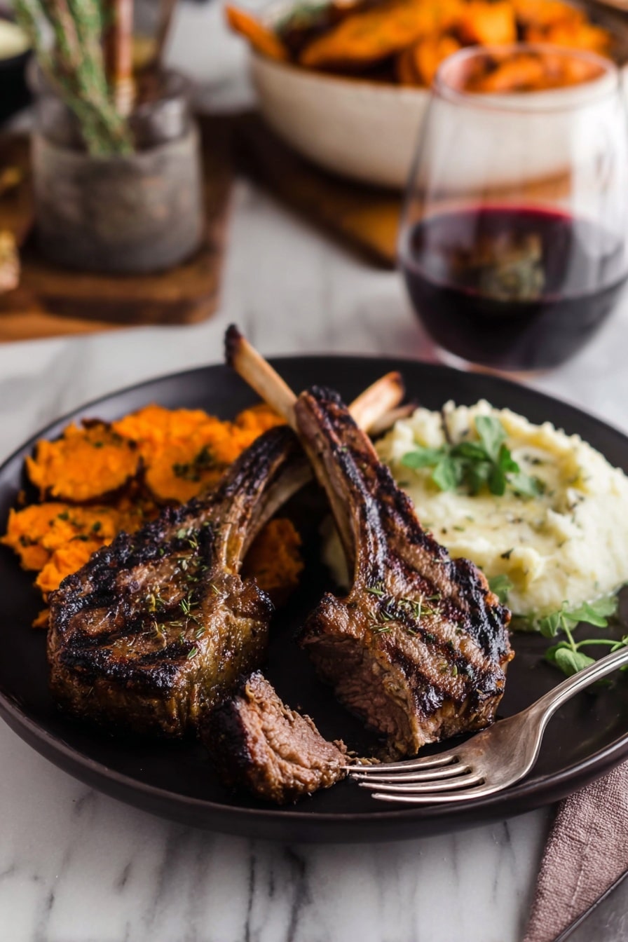 The image shows a dark round plate with three grilled lamb chops at the front, two standing with char marks and a small piece broken off on a silver fork in front. Behind the chops, there is a pile of orange roasted sweet potato slices on the left and a creamy white mash on the right. A small green garnish is on the mash with a sprig of fresh green herbs beside it on the right. In the blurred background, there is a clear glass of dark red drink and a white bowl filled with more sweet potatoes and lamb. The scene is set on a white marbled surface. photo taken with an iphone --ar 2:3 --v 7 - Broiled Lamb Chops, Lamb Chops Recipe, Easy Lamb Dinner, Juicy Lamb Chops, Quick Lamb Main Course
