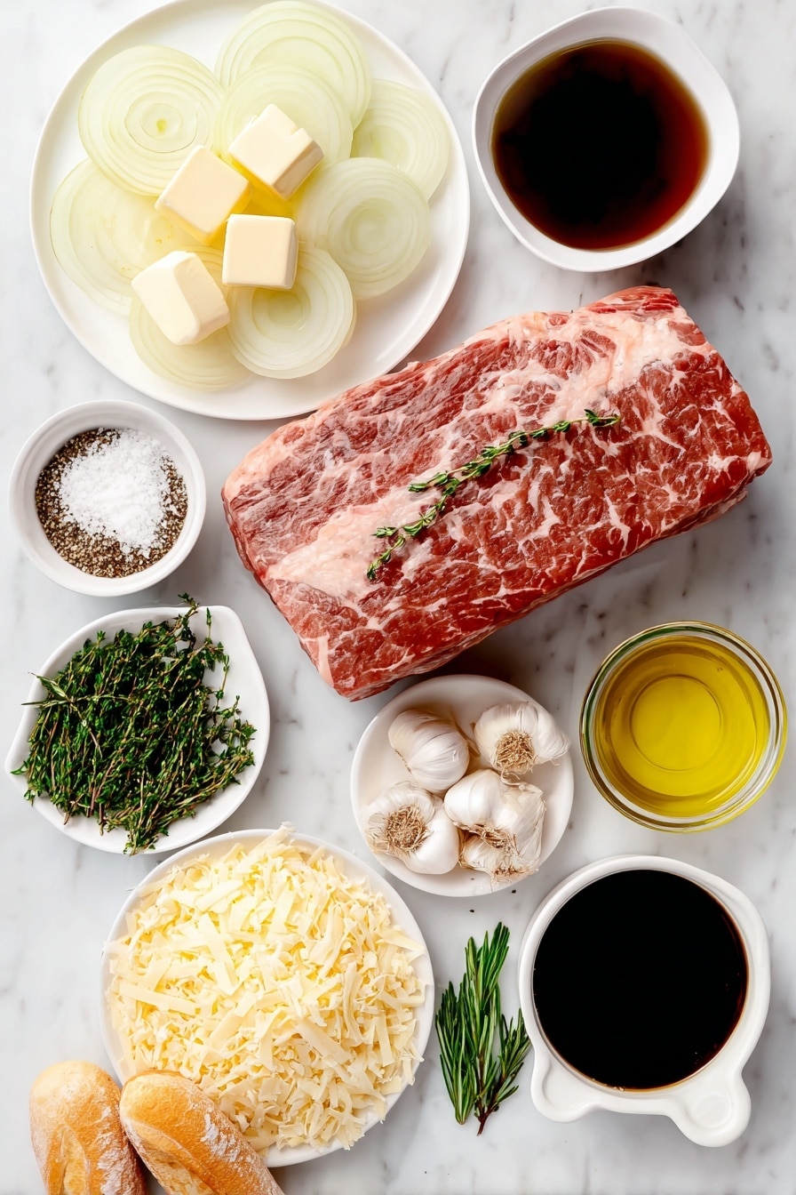 Flat lay of a whole boneless chuck roast with trimmed fat, a few pinches of kosher salt and cracks of black pepper sprinkled beside it, a small drizzle of golden olive oil in a white ceramic bowl, a few tablespoons of unsalted butter cubes on a white plate, four large yellow onions thinly sliced fanned out on a white dish, six whole fresh garlic cloves unpeeled, a small white bowl filled with pale dry white wine, a small white bowl holding fine all-purpose flour, a white ceramic bowl filled with rich dark beef broth, a small white bowl with glossy Worcestershire sauce, three fresh green bay leaves, two sprigs of fresh rosemary, four sprigs of fresh thyme, a mound of freshly shredded pale yellow gruyere cheese on a white plate, and a few sliced pieces of crusty fresh baguette arranged neatly—all ingredients fresh and natural, no packaging or labels, placed on a clean white marble surface, soft natural light, photo taken with an iPhone, professional food photography style, fresh ingredients, white ceramic bowls, no bottles, no duplicates, no utensils, no packaging --ar 2:3 --v 7 --p m7354615311229779997 - French Onion Pot Roast, French Onion Pot Roast recipe, hearty beef pot roast with caramelized onions, tender chuck roast in French onion flavors, easy French onion beef dinner