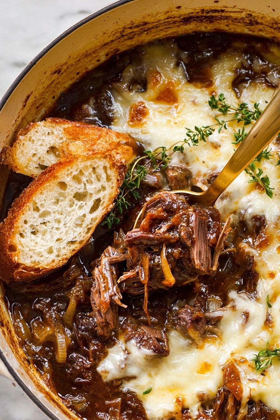 The image shows a pot filled with rich beef stew topped with melted white cheese that is unevenly spread, creating a creamy texture on the surface. The stew has visible dark brown shredded beef pieces mixed with soft caramelized onions in a thick brown sauce. Two pieces of light beige toasted bread rest on the side inside the pot. A gold spoon is inserted into the stew, lifting some shredded beef and sauce, surrounded by sprigs of fresh green thyme. The inner sides of the pot have a browned, slightly greasy texture from the stew. The pot sits on a white marbled surface. Photo taken with an iphone --ar 2:3 --v 7 - French Onion Pot Roast, French Onion Pot Roast recipe, hearty beef pot roast with caramelized onions, tender chuck roast in French onion flavors, easy French onion beef dinner