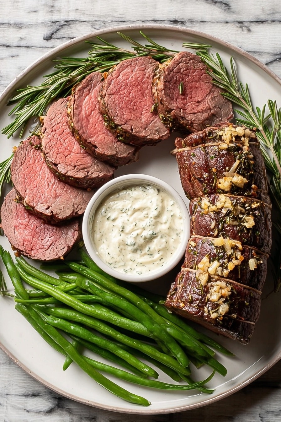 A white plate on a white marbled surface holds a dish with four visual layers: on the right, a tied roast with a dark brown crust sprinkled with garlic and herbs; next to it, a small white bowl filled with creamy white sauce with green flecks in the center; on the left side, evenly sliced pieces of pink-centered roast neatly arranged in a fan shape showing the meat texture; and below, a bunch of bright green cooked green beans placed diagonally with a slight shine. Fresh rosemary sprigs decorate the edges of the plate. photo taken with an iphone --ar 2:3 --v 7 - Supreme Beef Tenderloin Roast, beef tenderloin roast recipe, easy beef roast, holiday beef roast, tender juicy beef roast