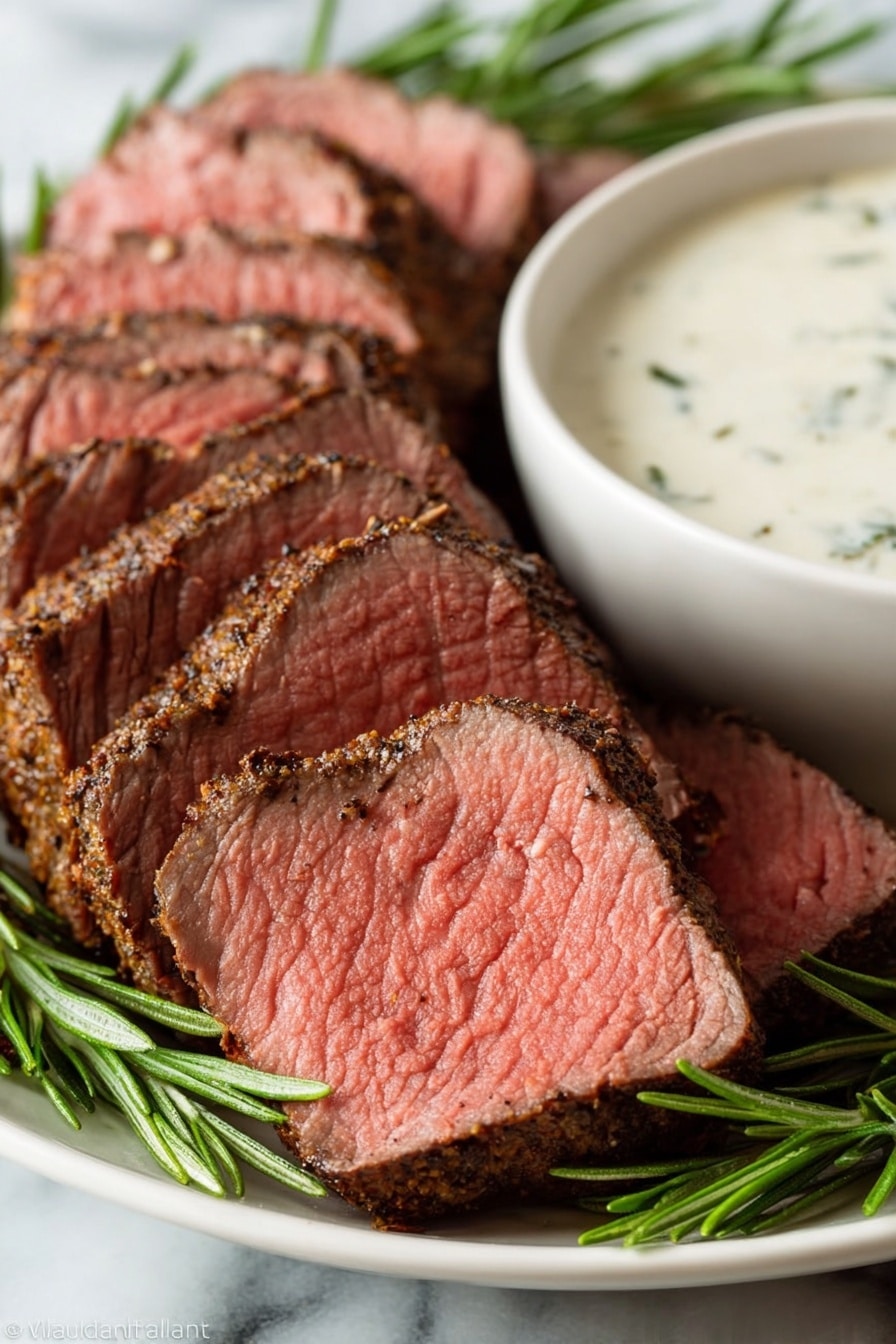 A close-up view of several thick slices of medium-rare steak arranged in layers on a white plate, each slice showing a brown, seasoned crust on the outside and a pink, tender center with some visible grain texture; there are sprigs of fresh rosemary placed around the meat, adding green color and texture. Behind the steak, there is a white bowl filled with a creamy, pale sauce that has a few small green herb bits visible in it. The entire scene is set on a white marbled surface, adding subtle texture in the background. photo taken with an iphone --ar 2:3 --v 7 - Supreme Beef Tenderloin Roast, beef tenderloin roast recipe, easy beef roast, holiday beef roast, tender juicy beef roast