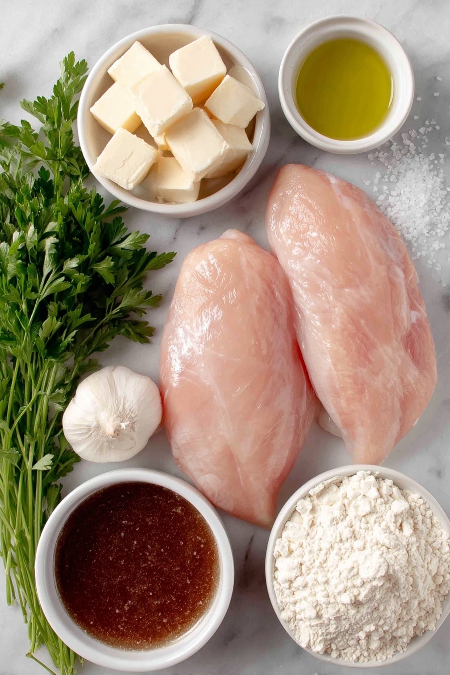 Flat lay of two whole turkey tenderloins with smooth pale pink skin, a small mound of fine sea salt sprinkled beside them, a small white ceramic bowl of golden avocado oil, a small white bowl with soft yellow butter cubes, a small white bowl with fluffy white flour, two fresh whole garlic cloves alongside finely grated garlic, a bunch of vibrant green parsley sprigs, and a simple white bowl filled with rich brown beef broth, all placed in perfect symmetry on a clean white marble surface, soft natural light, photo taken with an iPhone, professional food photography style, fresh ingredients, white ceramic bowls, no bottles, no duplicates, no utensils, no packaging --ar 2:3 --v 7 --p m7354615311229779997 - Garlic Turkey Tenderloin with Easy Gravy, Turkey tenderloin recipes, quick turkey dinner, comfort food turkey, garlicky gravy recipes