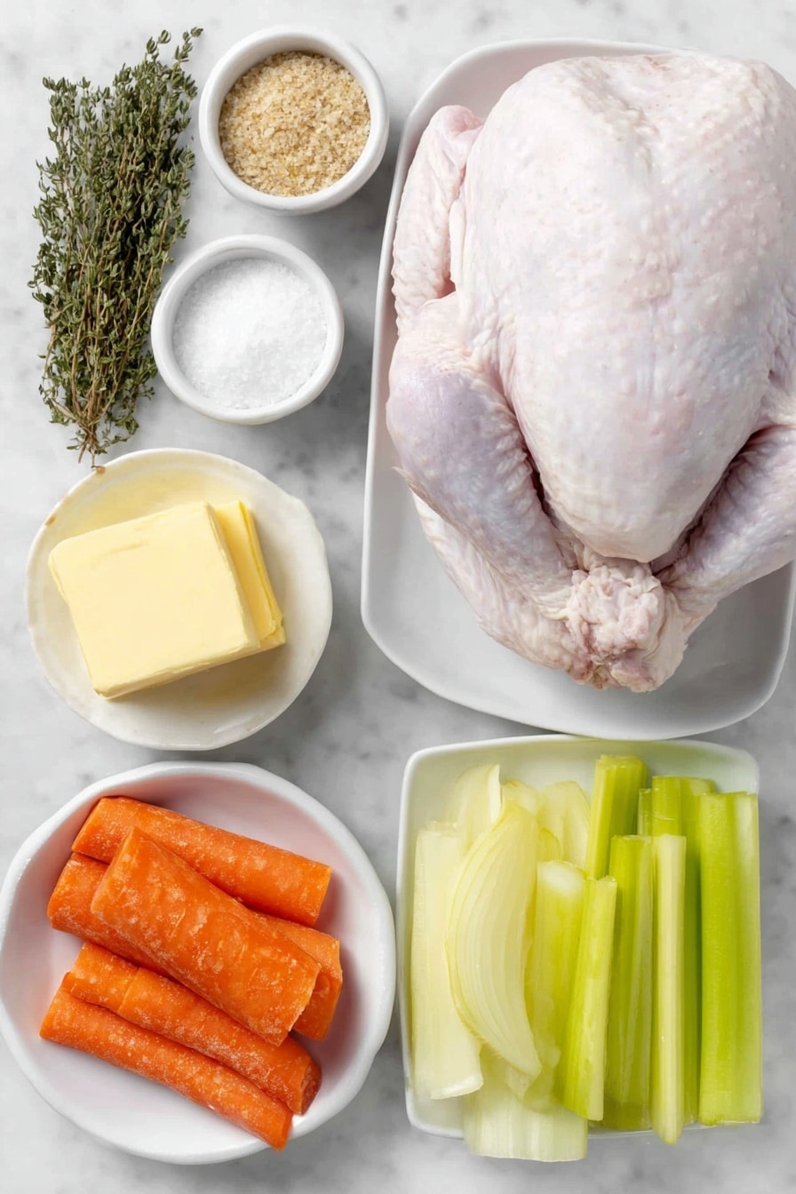 Flat lay of a whole raw turkey with pale pink skin, a small white ceramic bowl of packed light brown sugar crystals, a small white ceramic bowl of coarse kosher salt, a small white ceramic bowl with dried thyme leaves, a small white ceramic bowl with dried sage leaves, a small white ceramic bowl of freshly ground black pepper, a soft mound of unsalted butter at room temperature on a simple white ceramic plate, a whole large yellow onion cut into wedges arranged neatly on a white ceramic plate, two fresh whole carrots cut into 2-inch pieces displayed on a white ceramic dish, two fresh celery stalks cut into 2-inch pieces placed on a white ceramic dish — all ingredients fresh and natural, perfectly arranged in balanced symmetry, placed on a clean white marble surface, soft natural light, photo taken with an iPhone, professional food photography style, fresh ingredients, white ceramic bowls, no bottles, no duplicates, no utensils, no packaging --ar 2:3 --v 7 --p m7354615311229779997 - Perfect Dry Brine Turkey, dry brine turkey technique, crispy skin turkey, juicy turkey recipe, holiday turkey ideas