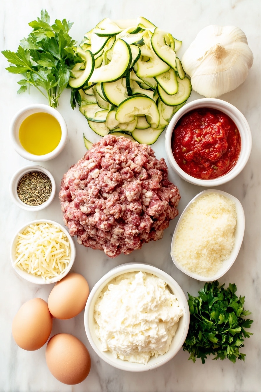 Flat lay of fresh zucchini sliced lengthwise into thin green ribbons, a small white bowl of golden olive oil, whole uncracked brown eggs, a mound of raw ground beef, a medium peeled onion chopped into small pieces, several peeled garlic cloves, a small white bowl filled with bright red crushed tomatoes, a small white bowl of smooth tomato sauce, a small white bowl of thick tomato paste, a small white bowl containing granulated sugar, dried basil and Italian seasoning arranged in small white bowls, a small white bowl with fennel seeds, a white ceramic bowl heaped with creamy ricotta cheese, a small white bowl of shredded Parmesan cheese, another simple white bowl holding shredded mozzarella cheese, and a small pile of fresh bright green parsley leaves, all placed on a clean white marble surface, soft natural light, photo taken with an iPhone, professional food photography style, fresh ingredients, white ceramic bowls, no bottles, no duplicates, no utensils, no packaging --ar 2:3 --v 7 --p m7354615311229779997 - Zucchini Lasagna with Meat Sauce, healthy zucchini lasagna, low-carb zucchini lasagna, meat sauce lasagna, veggie-packed lasagna