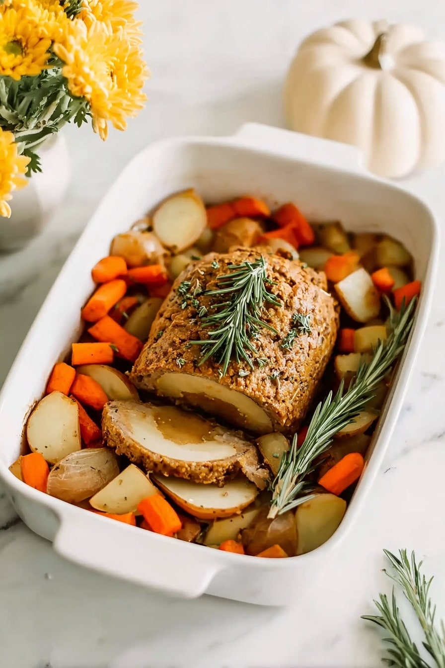 A white baking dish is filled with roasted vegetables, including chunky orange carrots, light golden potatoes, and caramelized onions, forming the base layer. On top sits a round, sliced loaf of golden brown meatloaf or plant-based roast with a slightly textured, herb-crusted exterior and a visible stuffing center. A fresh green rosemary sprig lays diagonally across the dish, adding a touch of color and texture contrast. The dish is set on a white marbled surface with a soft-focused white ceramic pumpkin-shaped lid in the background and some bright yellow flowers peeking at the top left corner. Photo taken with an iphone --ar 2:3 --v 7 - Vegan Tofurky Roast with Roasted Vegetables, plant-based holiday main dish, vegan roast recipe, vegetarian holiday centerpiece, easy vegan dinner ideas