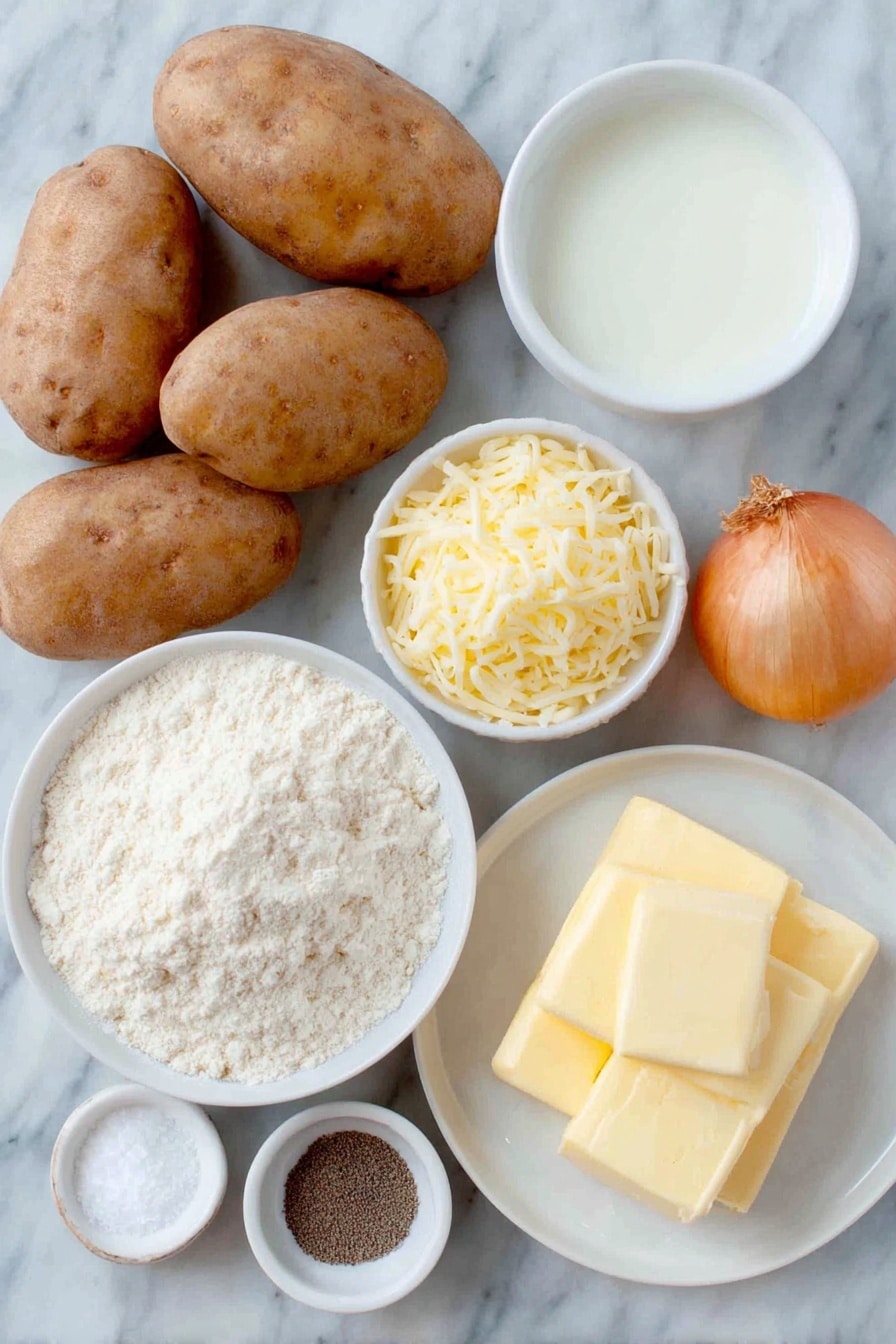 Flat lay of fresh russet potatoes whole and unpeeled, a small whole yellow onion, a few pats of natural unsalted butter on a white ceramic plate, a small white bowl of fine white flour, a small white bowl of milk, a small white bowl of shredded sharp cheddar cheese, a small white bowl of grated parmesan cheese, a small white bowl containing coarse salt, and a small white bowl with cracked black peppercorns placed on a clean white marble surface, soft natural light, photo taken with an iPhone, professional food photography style, fresh ingredients, white ceramic bowls, no bottles, no duplicates, no utensils, no packaging --ar 2:3 --v 7 --p m7354615311229779997 - Cheesy Scalloped Potatoes, scalloped potatoes side dish, creamy potato casserole, cheesy potato recipe, holiday potato side dish