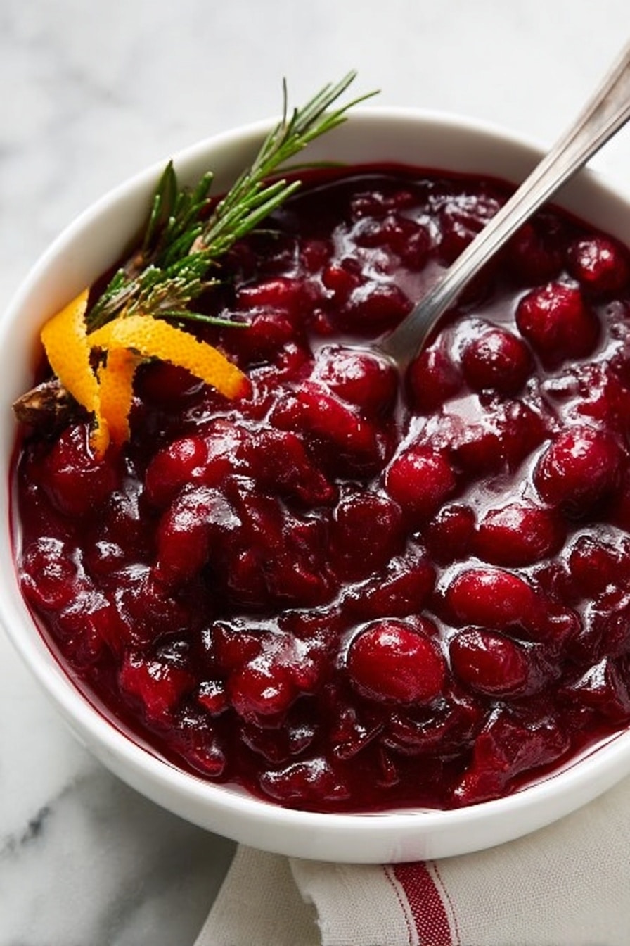 A white bowl filled with thick, glossy, dark red cranberry sauce with whole cranberries visible throughout. On the left side of the bowl, there is a small garnish with a fresh green rosemary sprig and an orange peel twist. A silver spoon rests inside the bowl, slightly digging into the sauce. The bowl is on a white marbled surface with a white cloth that has red stripes peeking in from the lower right corner. Photo taken with an iphone --ar 2:3 --v 7 - Homemade Cranberry Sauce with Orange, cranberry sauce recipe, orange cranberry sauce, easy cranberry sauce, holiday cranberry sauce