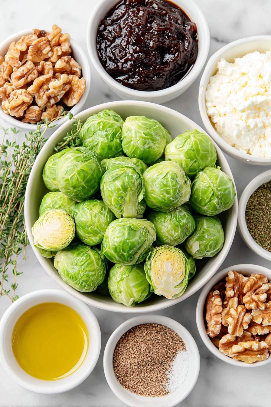 Flat lay of small to medium halved Brussels sprouts, toasted walnut halves, a small white bowl of extra-virgin olive oil, a small white bowl of pomegranate molasses, a small white bowl of labneh, a small white bowl of crumbled Shanklish cheese, fresh thyme sprigs with some chopped leaves visible, a small white bowl of za’atar spice, a small white bowl of Aleppo pepper, and a small white bowl of kosher salt, all arranged with perfect symmetry on a clean white marble surface, soft natural light, photo taken with an iPhone, professional food photography style, fresh ingredients, white ceramic bowls, no bottles, no duplicates, no utensils, no packaging --ar 2:3 --v 7 --p m7354615311229779997 - Roasted Brussels Sprouts with Walnuts and Pomegranate, Brussels Sprouts with Walnuts and Pomegranate, Pomegranate Brussels Sprouts Side Dish, Walnut and Pomegranate Brussels Sprouts, Healthy Brussels Sprouts with Pomegranate