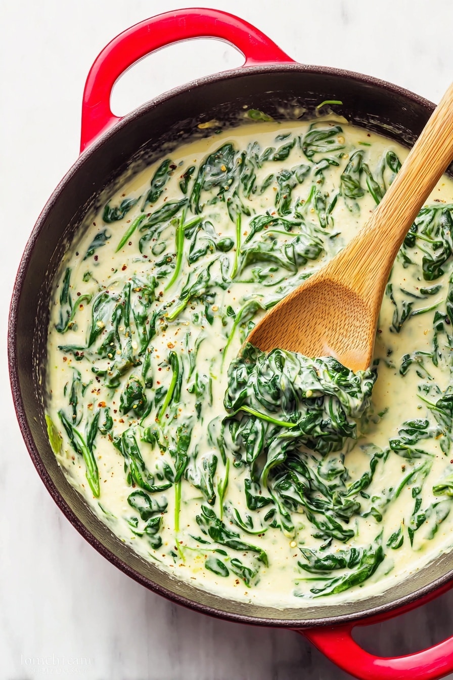 A red pan filled with creamy spinach sauce shows large dark green spinach leaves mixed in smooth, light yellow cream sauce with small specks of herbs and spices. A wooden spoon with a light brown texture is resting inside the pan on the right side, partly covered in the sauce, lifting some spinach and cream. The scene is placed on a white marbled surface. photo taken with an iphone --ar 2:3 --v 7 - Creamed Spinach, Creamed Spinach Side Dish, Easy Creamed Spinach Recipe, Quick Spinach Recipes, Silky Creamed Spinach