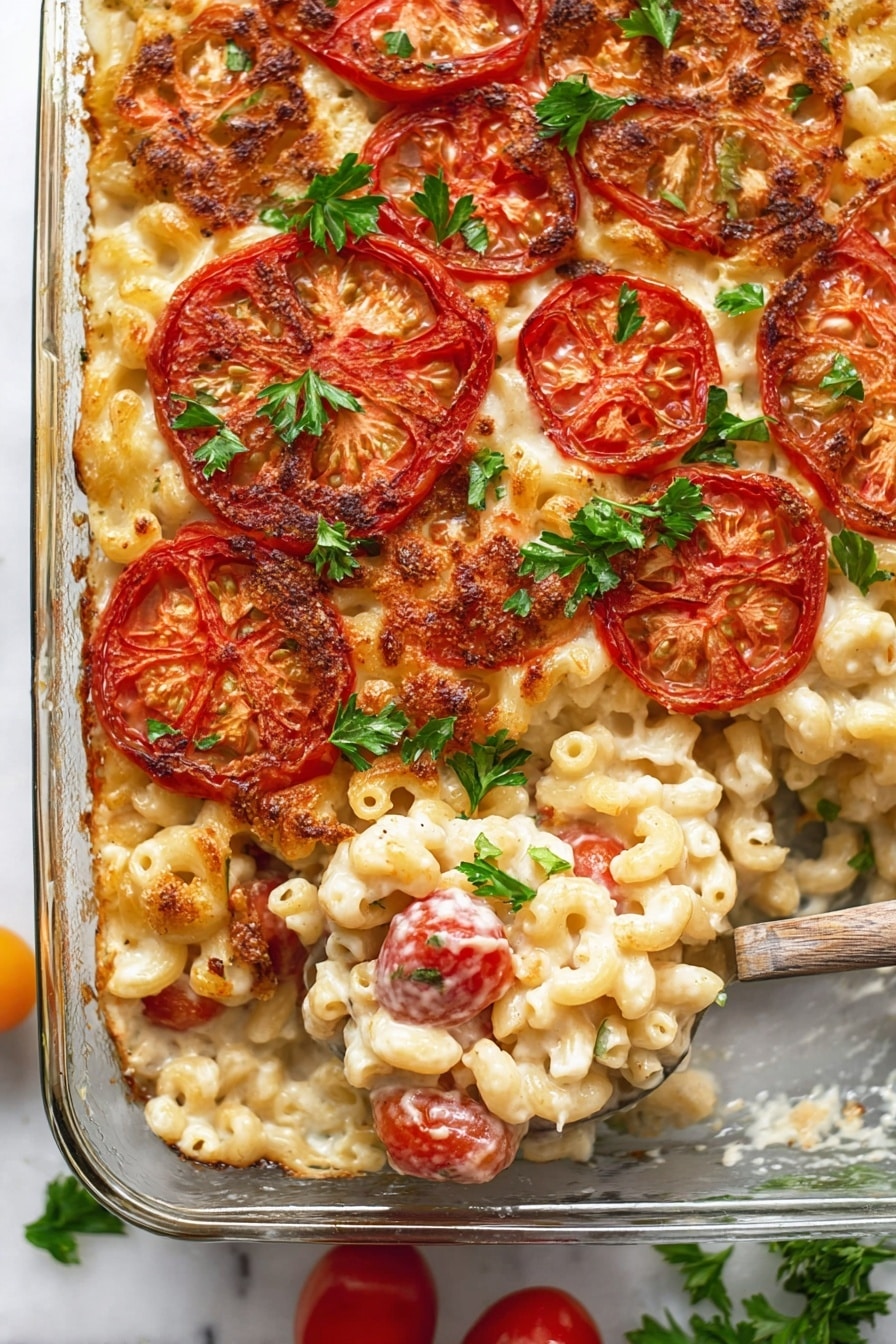 A glass baking dish filled with baked macaroni and cheese, showing small elbow pasta coated in creamy melted cheese as the base layer. On top, there are large, round slices of red tomatoes, some soft and slightly browned around the edges, creating a colorful layer of deep red and orange hues. Sprigs of fresh green parsley are scattered on the tomato slices as a garnish. A spoon is scooping out a portion from the dish, lifting some pasta mixed with tomato pieces, revealing the creamy texture beneath. The dish is set on a white marbled surface with some loose parsley and cherry tomatoes nearby. Photo taken with an iphone --ar 2:3 --v 7 - Baked Tomato Mac and Cheese, baked tomato mac and cheese recipe, cheesy tomato mac and cheese, baked pasta with tomatoes, comfort food recipes