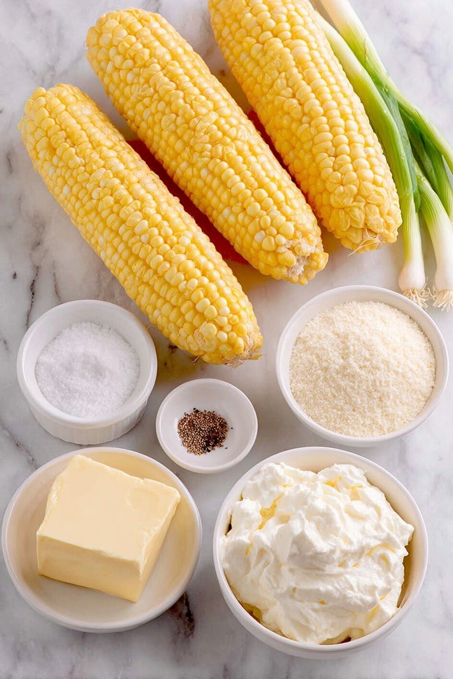 Flat lay of fresh shucked ears of corn with bright yellow kernels, a small white bowl of whole milk, a small white bowl of kosher salt, a small white bowl of granulated sugar, a small white bowl of black pepper, a simple white ceramic bowl of coarse stone-ground grits, a chunk of room-temperature cream cheese, a few fresh scallions with bright green tops and white bases, a pat of soft unsalted butter, and a small white bowl of heavy whipping cream placed on a clean white marble surface, soft natural light, photo taken with an iPhone, professional food photography style, fresh ingredients, white ceramic bowls, no bottles, no duplicates, no utensils, no packaging --ar 2:3 --v 7 --p m7354615311229779997 - Creamed Corn Grits, creamed corn and grits, creamy corn side dish, southern grits recipes, comforting corn side dish