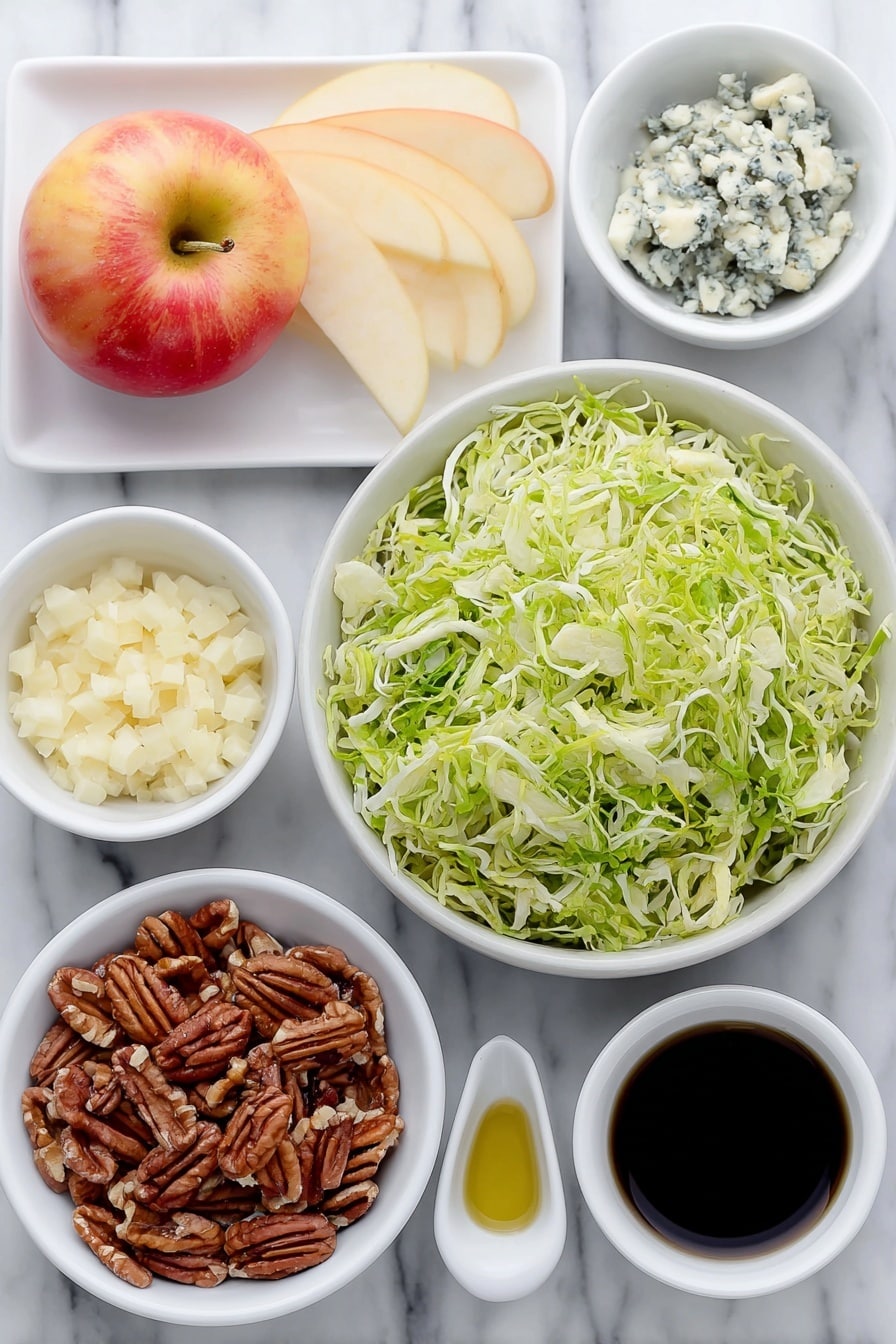 Flat lay of thinly shredded fresh green Brussels sprouts in a simple white ceramic bowl, a small honey crisp apple diced into matchsticks with bright red and yellow skin on a white plate, roughly chopped pecans scattered on a white dish, crumbled blue cheese in a small white bowl, minced shallots in a tiny white bowl, extra virgin olive oil in a small white bowl, Dijon mustard in a small white bowl, balsamic vinegar in a small white bowl, all arranged symmetrically with perfect balance, placed on a clean white marble surface, soft natural light, photo taken with an iPhone, professional food photography style, fresh ingredients, white ceramic bowls, no bottles, no duplicates, no utensils, no packaging --ar 2:3 --v 7 --p m7354615311229779997 - Fall Brussels Sprout Salad with Apples and Blue Cheese, Brussels Sprouts Salad, Autumn Side Salad, Easy Fall Recipes, Healthy Fall Salad