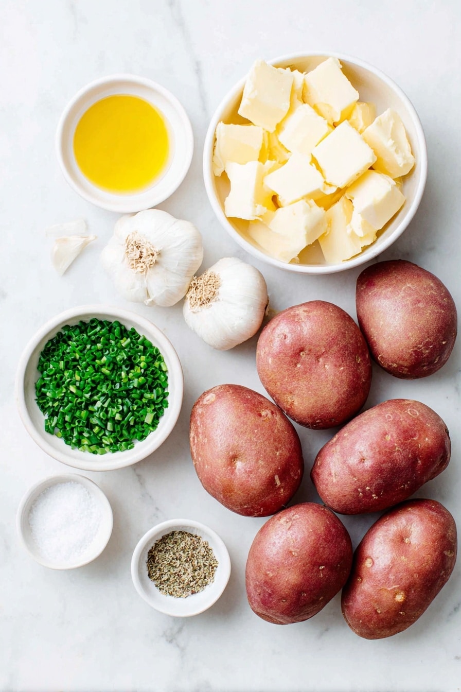 Flat lay of six medium-sized red potatoes with smooth skin, a small white ceramic bowl filled with golden salted butter chunks, a small white ceramic bowl containing vibrant green chopped fresh chives, a small white ceramic bowl of bright green fresh chopped parsley, four whole uncracked garlic cloves with papery skins intact, a small white ceramic bowl of rich golden olive oil, a small white ceramic bowl holding coarse white salt, and a small white ceramic bowl of freshly ground black pepper, all arranged with perfect symmetry on a clean white marble surface, soft natural light, photo taken with an iPhone, professional food photography style, fresh ingredients, white ceramic bowls, no bottles, no duplicates, no utensils, no packaging --ar 2:3 --v 7 --p m7354615311229779997 - Garlic Herb Potato Galette, savory potato galette, crispy potato side dish, easy potato tart, herb-infused potato bake