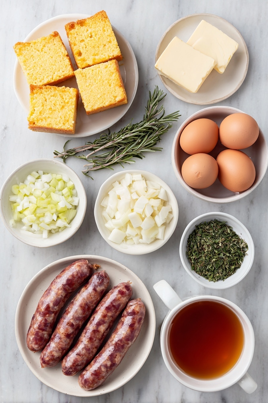 Flat lay of cubed day-old cornbread in a simple white ceramic bowl, cubed country white bread in a similar white bowl, fresh sweet Italian sausage links arranged raw and whole, a few small pats of unsalted butter stacked neatly on a white ceramic plate, diced celery in a small white bowl, diced yellow onion in another white bowl, fresh sage sprigs, fresh thyme sprigs, fresh rosemary sprigs, a small pile of chopped flat-leaf parsley, quartered peeled roasted chestnuts on a white plate, a small white bowl filled with amber apple cider, a small white bowl of low sodium chicken stock, two whole uncracked large brown eggs on a white ceramic dish, all ingredients arranged symmetrically and balanced, placed on a clean white marble surface, soft natural light, photo taken with an iPhone, professional food photography style, fresh ingredients, white ceramic bowls, no bottles, no duplicates, no utensils, no packaging --ar 2:3 --v 7 --p m7354615311229779997 - Sausage and Chestnut Stuffing, Christmas stuffing recipes, savory holiday stuffing, browned bread stuffing, roasted chestnut stuffing