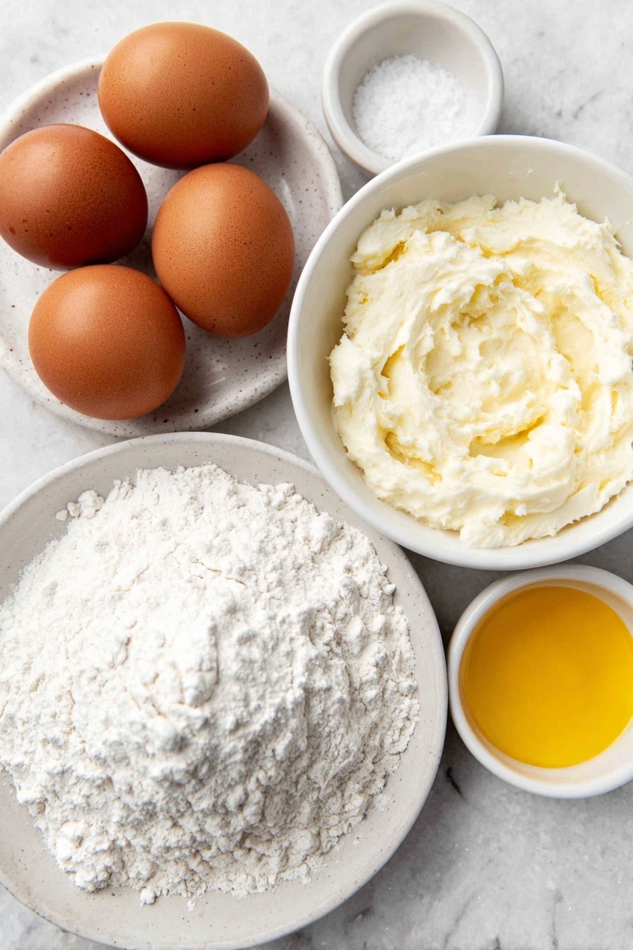 Flat lay of three whole uncracked brown eggs, a small mound of fine white bread flour on a simple white ceramic plate, a small white bowl filled with creamy room-temperature milk, a small white bowl with melted golden butter, and a small white bowl containing coarse kosher salt crystals, all arranged symmetrically and balanced on a clean white marble surface, soft natural light, photo taken with an iPhone, professional food photography style, fresh ingredients, white ceramic bowls, no bottles, no duplicates, no utensils, no packaging --ar 2:3 --v 7 --p m7354615311229779997 - Fluffy Popovers with Lofty Texture, easy popover recipe, airy bread sides, homemade popovers, golden popover crust