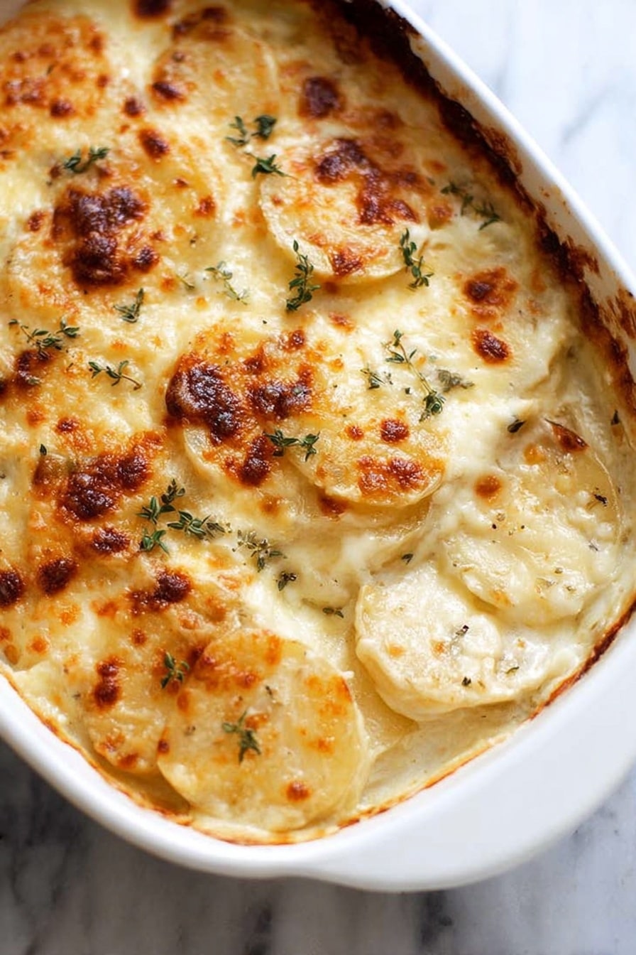 A white dish holds a creamy potato bake with multiple layers of thin, round potato slices, covered by a thick, bubbly cheese layer that has golden-brown spots on top. Small green herb leaves are scattered gently across the top, adding a touch of color to the rich, melted cheese. The potatoes underneath peek through slightly, showing their soft texture beneath the cheese crust. The dish is placed on a white marbled surface. photo taken with an iphone --ar 2:3 --v 7 - Creamy Potatoes au Gratin, potatoes au gratin, cheesy potato side dish, potato casserole recipes, indulgent comfort food