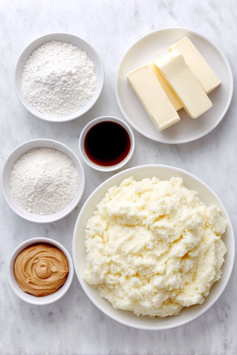 Flat lay of a small mound of plain mashed potatoes on a simple white ceramic plate, a few slices of salted butter stacked neatly on a white ceramic dish, a small white bowl filled with fine powdered sugar, another small white bowl containing creamy peanut butter, and a small white bowl with golden vanilla extract liquid, all arranged symmetrically and proportionally, placed on a clean white marble surface, soft natural light, photo taken with an iPhone, professional food photography style, fresh ingredients, white ceramic bowls, no bottles, no duplicates, no utensils, no packaging --ar 2:3 --v 7 --p m7354615311229779997 - Potato Candy Pinwheels with Peanut Butter, potato candy recipe, peanut butter pinwheels, nostalgic candy recipes, easy homemade candy