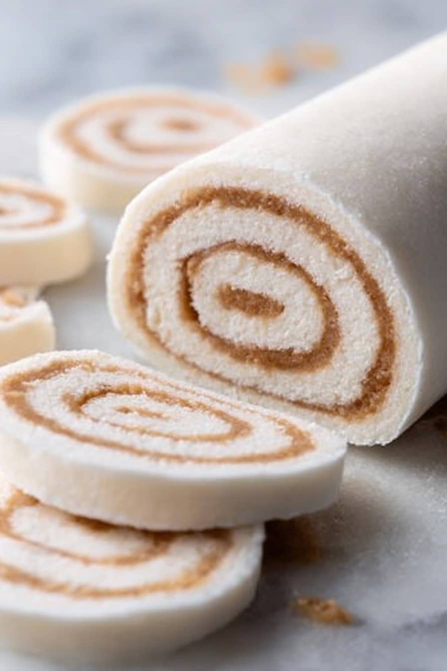 The image shows a close-up view of a rolled white dessert or snack with a smooth, slightly shiny surface. It has several visible layers: the outer layer is a soft white dough or cream, and inside there is a light brown filling that is spread evenly in a spiral pattern from the center to the outside. The roll is resting on a white marbled surface, and there are slices of the roll surrounding the main piece, showing the same swirl layers clearly. The texture looks soft and smooth, with some small crumbs around the roll. The photo taken with an iphone --ar 2:3 --v 7 - Potato Candy Pinwheels with Peanut Butter, potato candy recipe, peanut butter pinwheels, nostalgic candy recipes, easy homemade candy